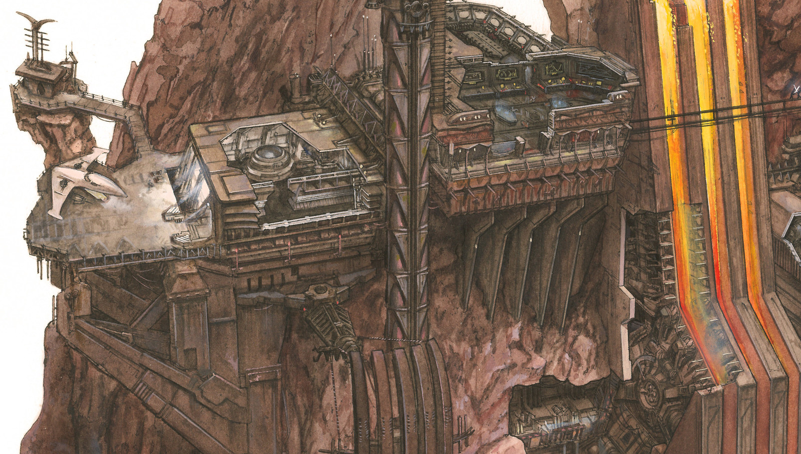 Mustafar Lava mine close up showing landing pad with Padme's spacecraft and the control room for droid operations.