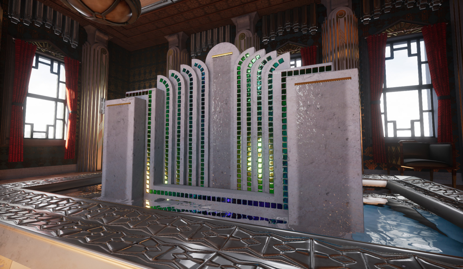 Water fountain with experimental iridescent shader.