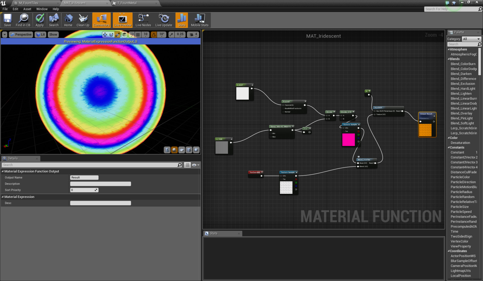 Here is the material function that allows for iridescence. The hue shift node plays a big role in the material.