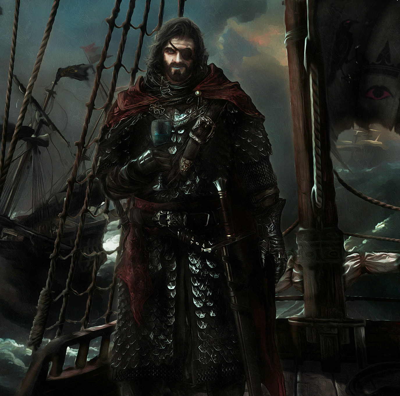 Earlier version featuring a crownless Euron alongside a flag displaying his personal coat of arms. 