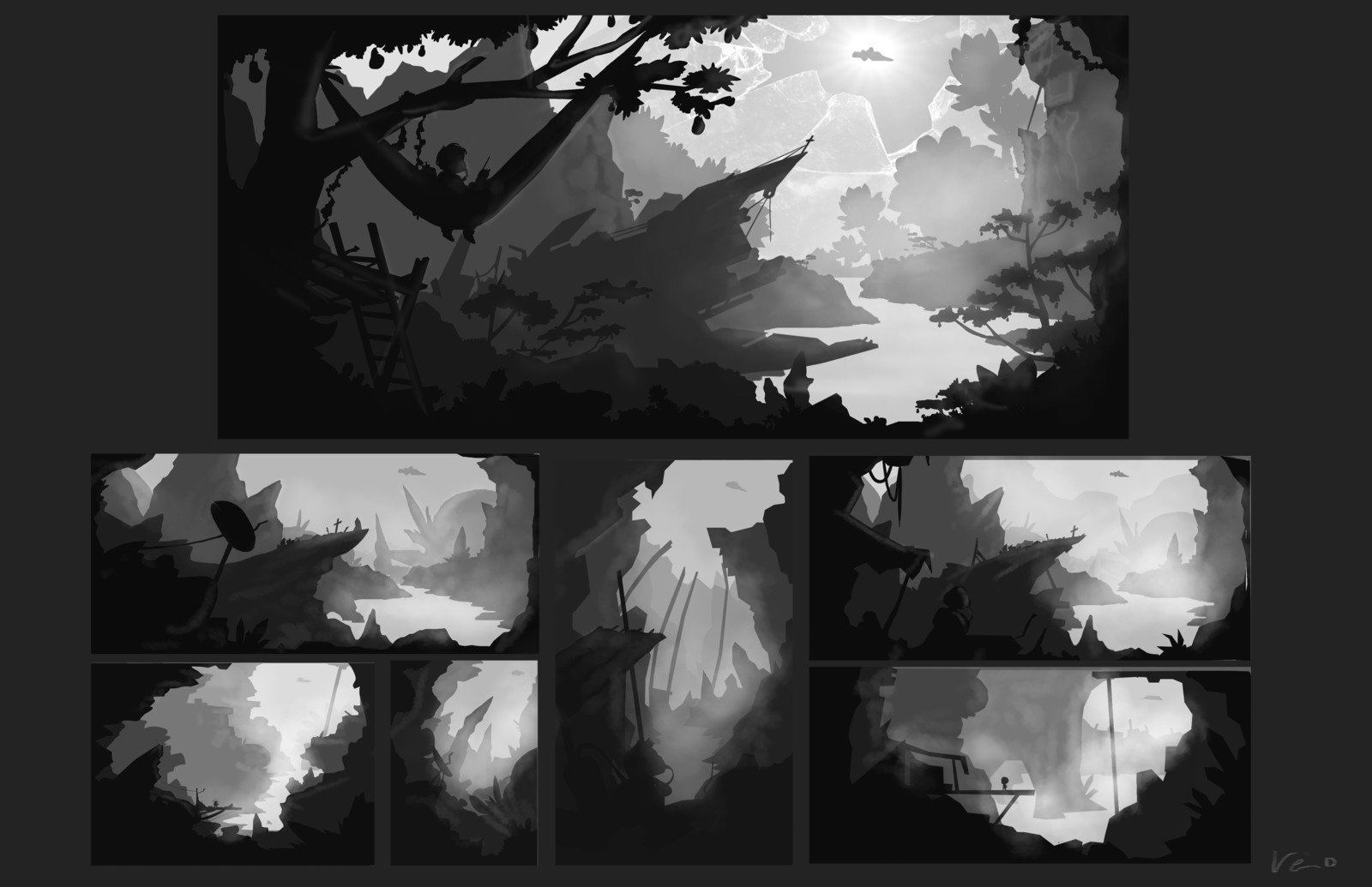 Exploration thumbnails for the illustration above.