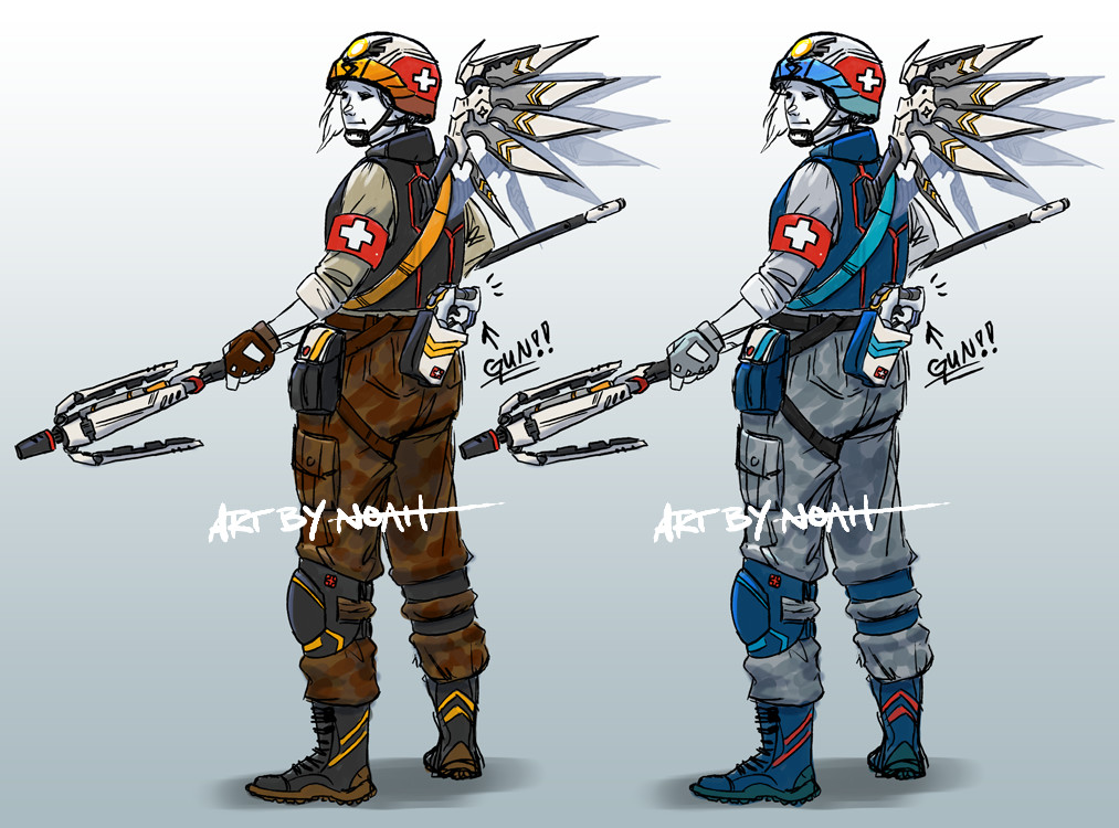 Overwatch (game) Mercy Skin design sketches, colors based on Classic and Co...