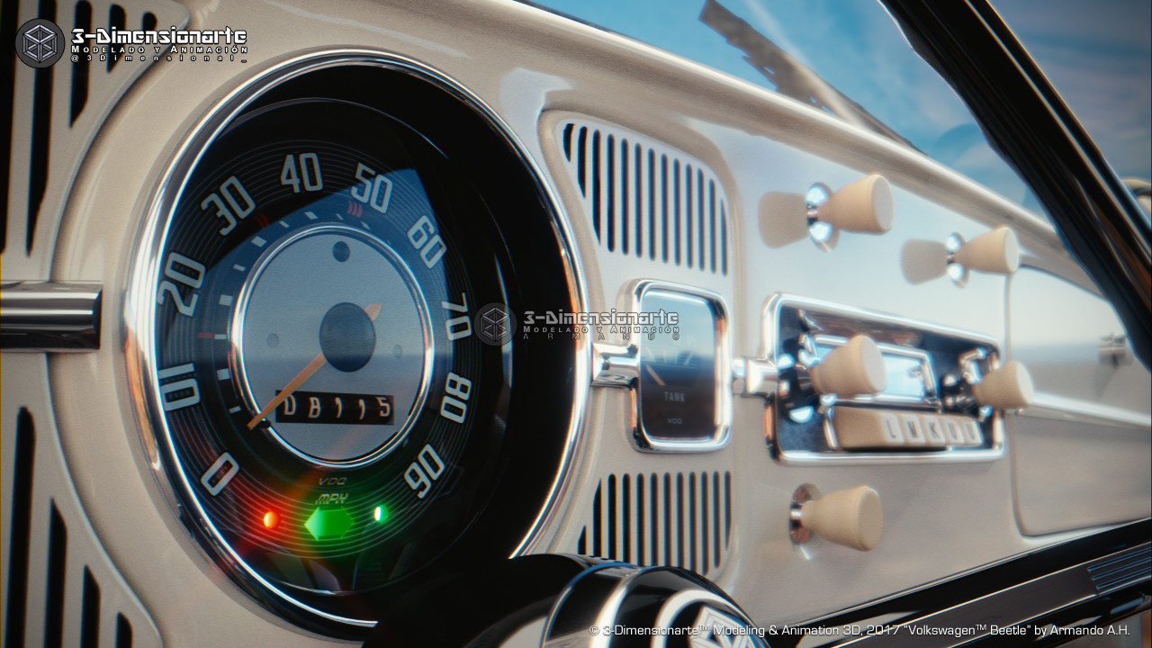 Road trip in a Beetle (dashboard, speedometer, details)