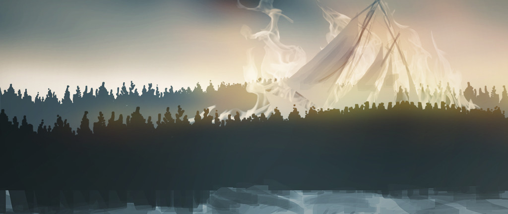 Concept art for "Rathowen Park", featuring the "Sky Sailor" crashing into the forest. In this level, the player must help Brielle to muster up all her strength and rescue the Sailor from death!