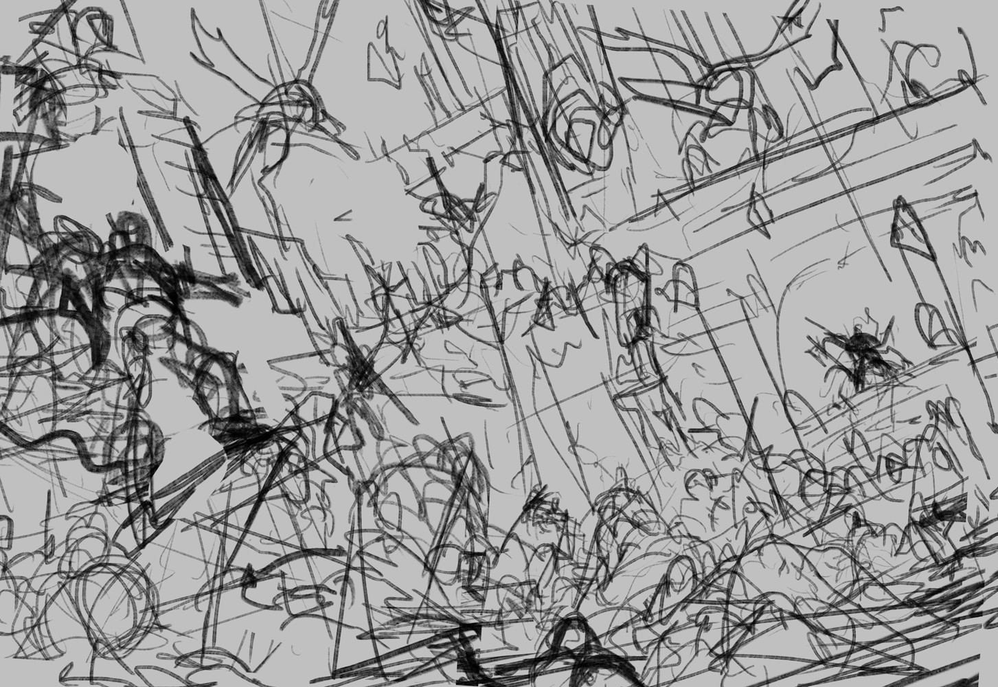 my process is never pretty...especially with battle scenes, 1st attempt on the comp idea i have, i always start with either scribbles, or just siluets, oh and i usually make sounds when im drawing like this 