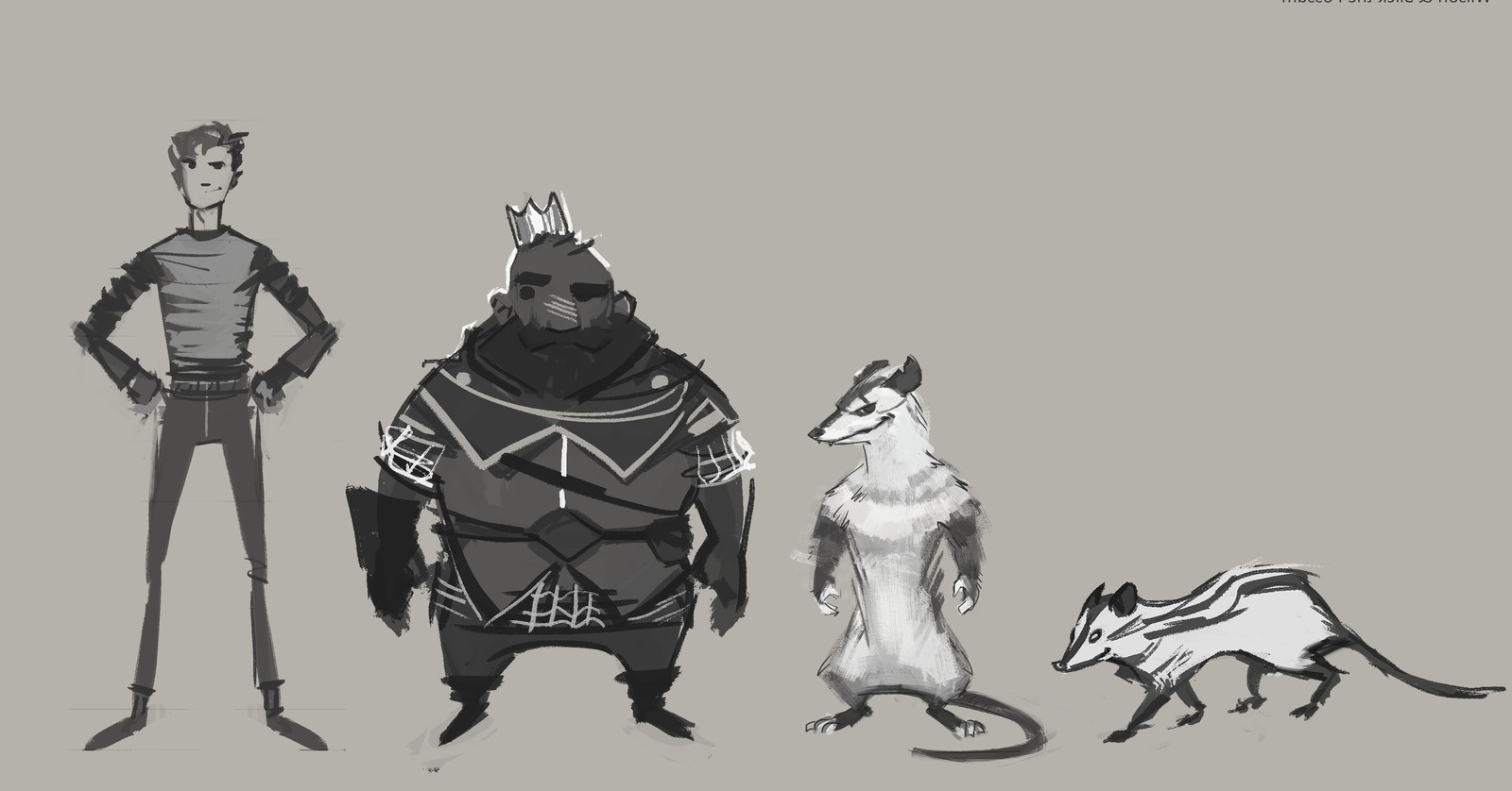 Main character (far left) Anthropomorphic version of the possum character with his four legged appearance. And a king guy!