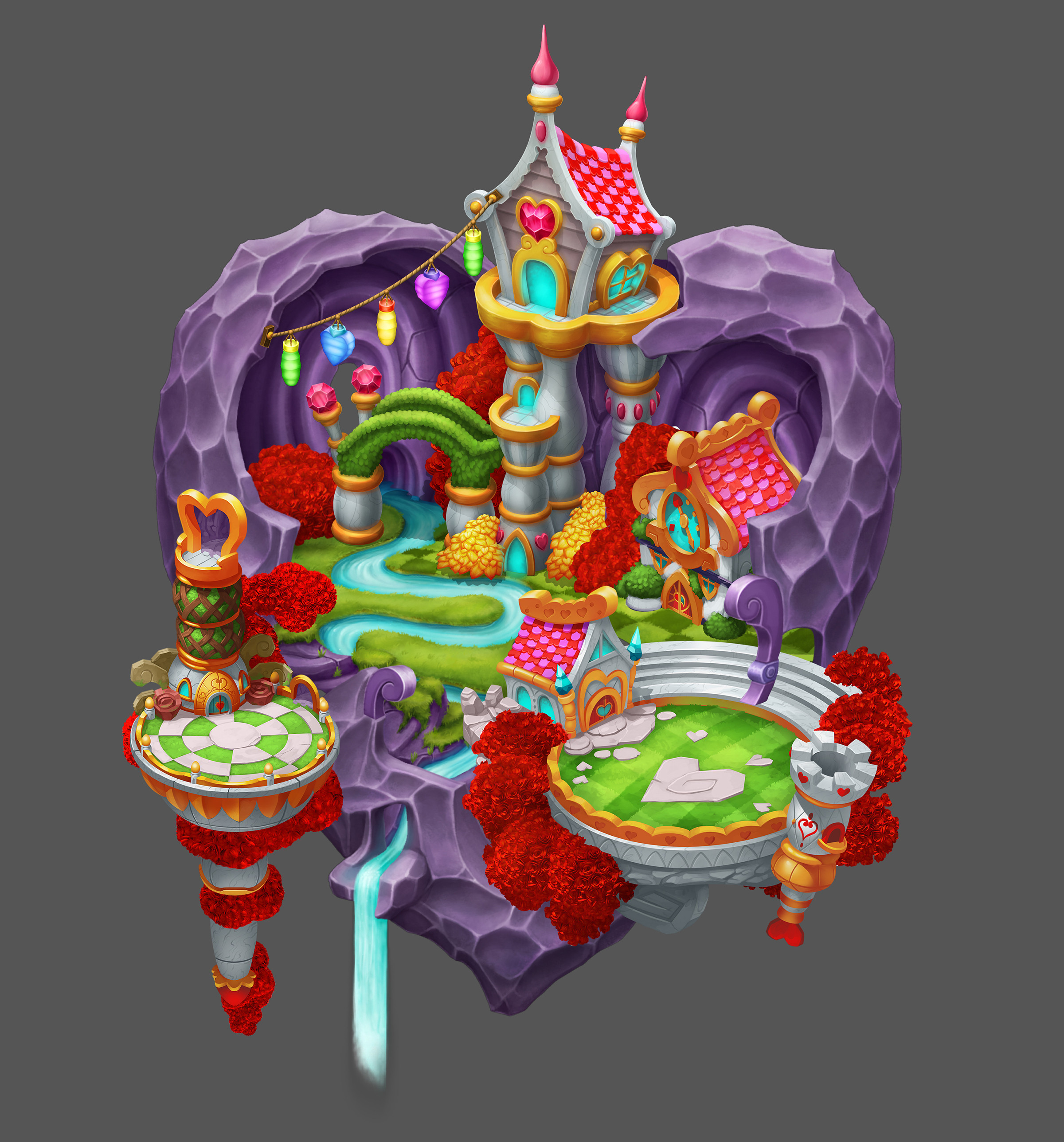 Entire Valentine's Event island. I personally created the island, and back-most building, but I did not create the front 3 buildings, only did a polish pass across the board to ensure all assets were working together stylistically. Those front three build
