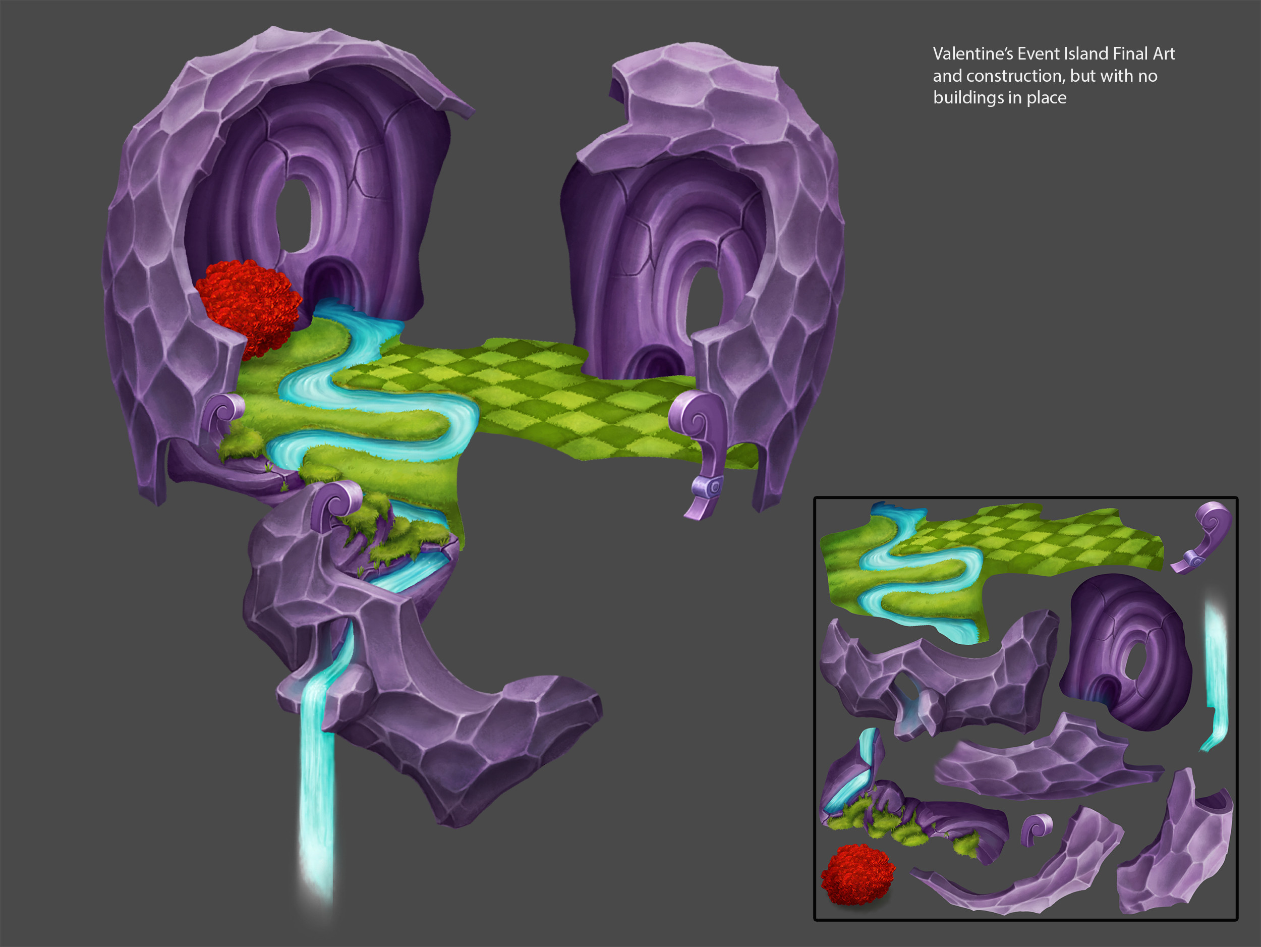 This is the island's model construction without any buildings. Building off of the concept, I painted directly over this to bring the island to final art. And, then created the texture sheet and accompanying model to follow. 