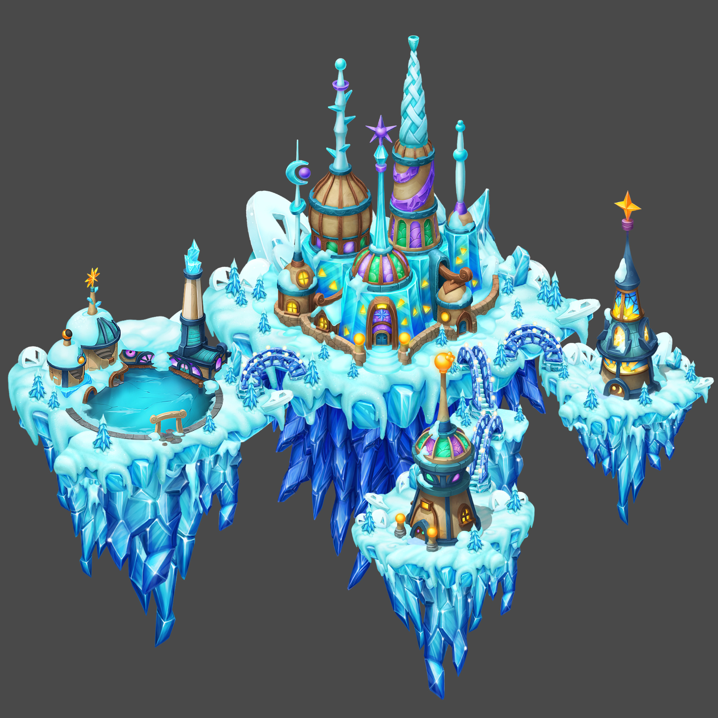 Island altogether. I personally created the island, and back-most building, but I did not create the front 3 buildings, only did a polish pass across the board to ensure all assets were working together stylistically. Those front three buildings were from