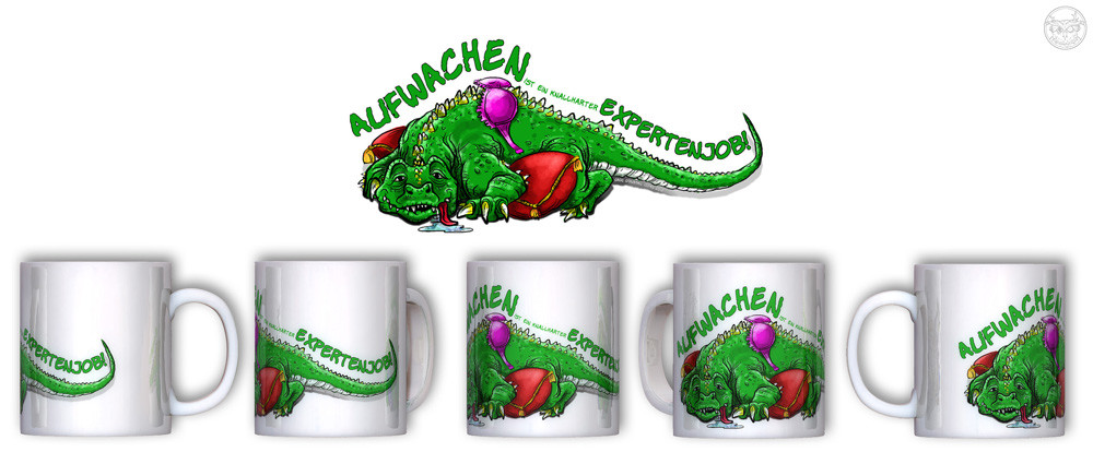 One of my "Croc"-series, designed to be printed on a mug.
The type on the cup says "Waking up is a tough expert job!". So it's a cup for non-morning people :)