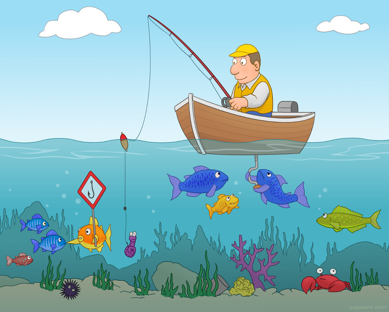 He can catch. День рыбака. Открытки с днём рыбака. Рыбак ловит рыбу. Рисунок на тему рыбалка.