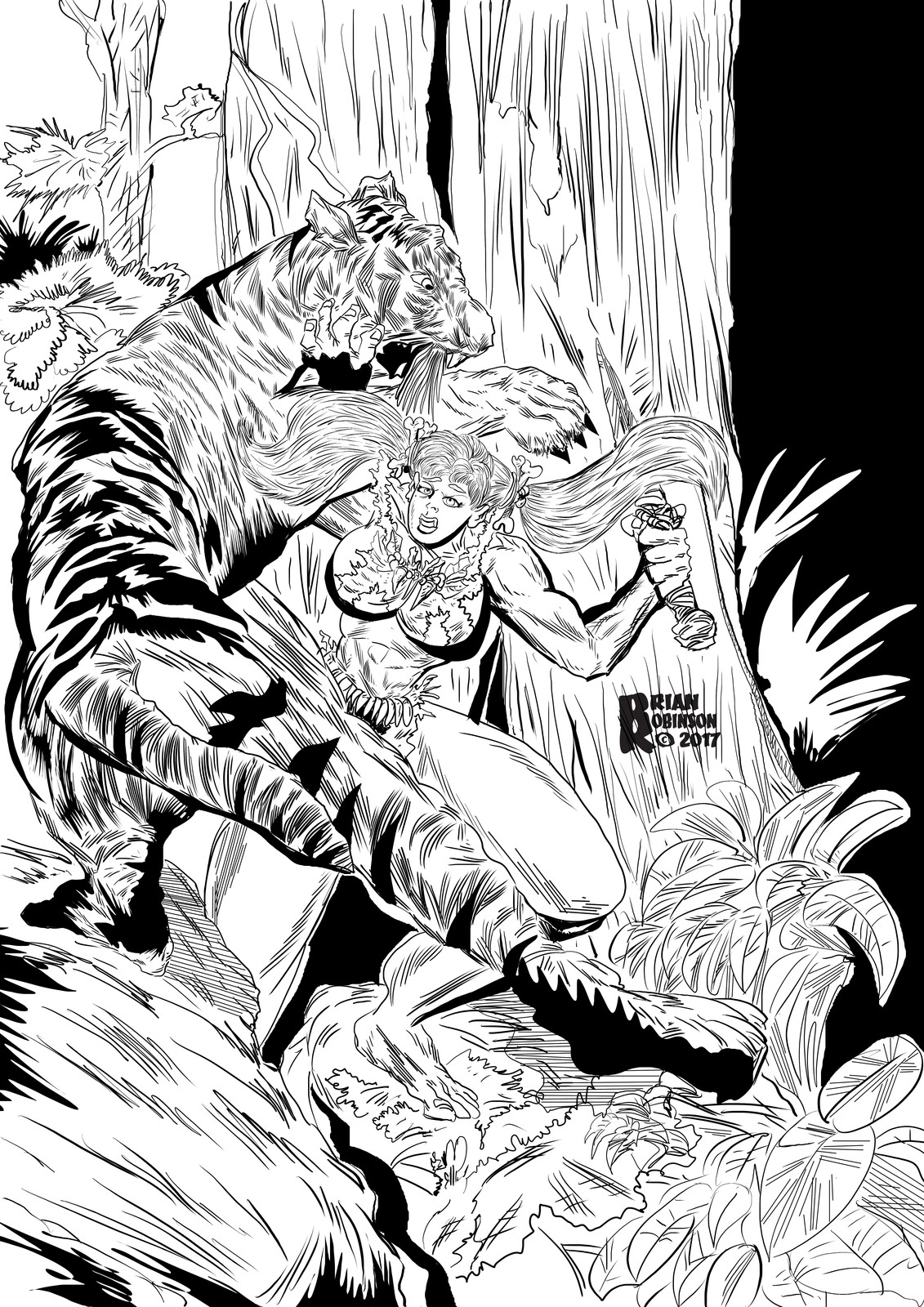 Jungle woman in jungle fighting off Tiger pinup by Brian Robinson