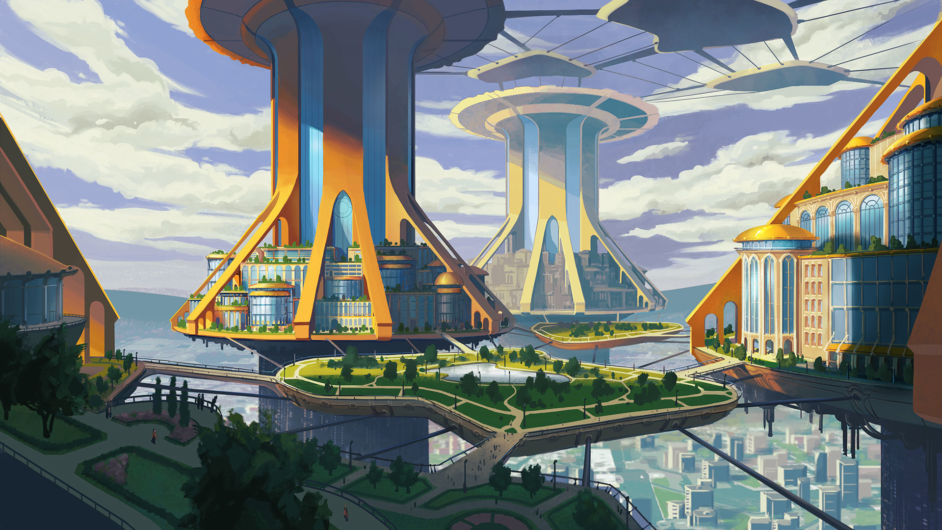 Экогород будущего Япония концепт арт. Футуристический пейзаж. Город из мультфильма. Все страны игр будущего
