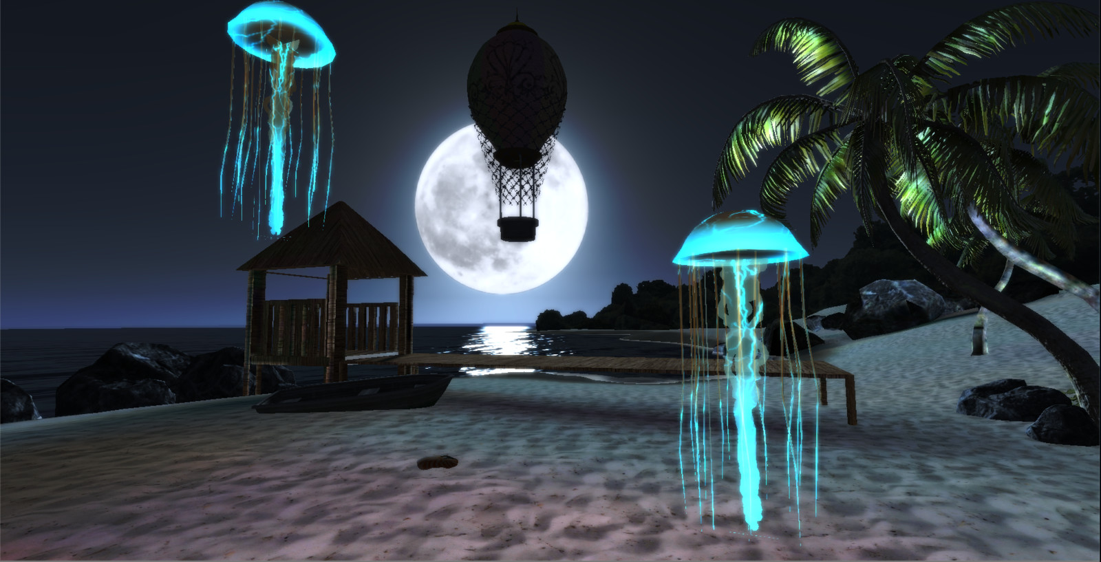 Night time beach scene. Hot air balloon in the background is how to user returns to the main menu.