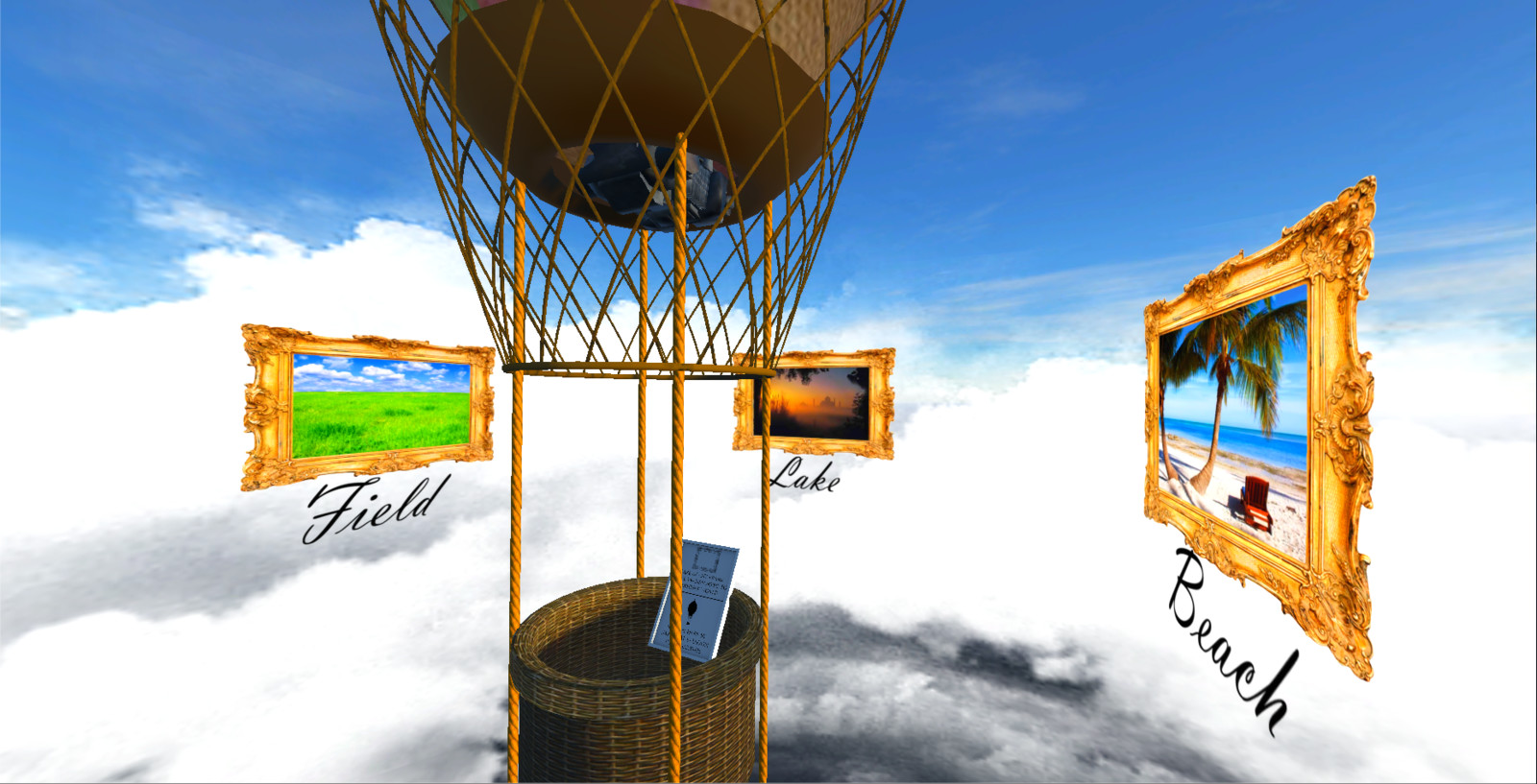 Main Menu. The user can travel to each scene by gazing at any one of the picture frames for approximately three seconds.