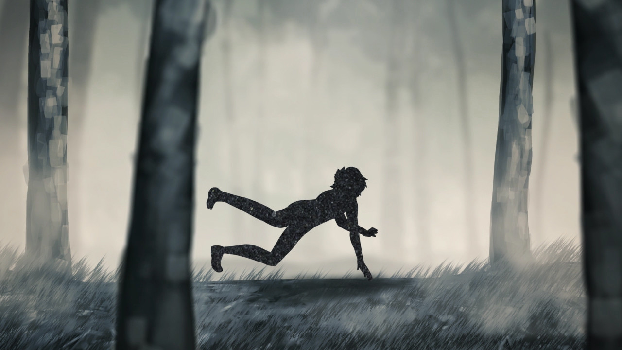 A screen from the opening cinematic, featuring Brielle when she trips and becomes separated from her friend.