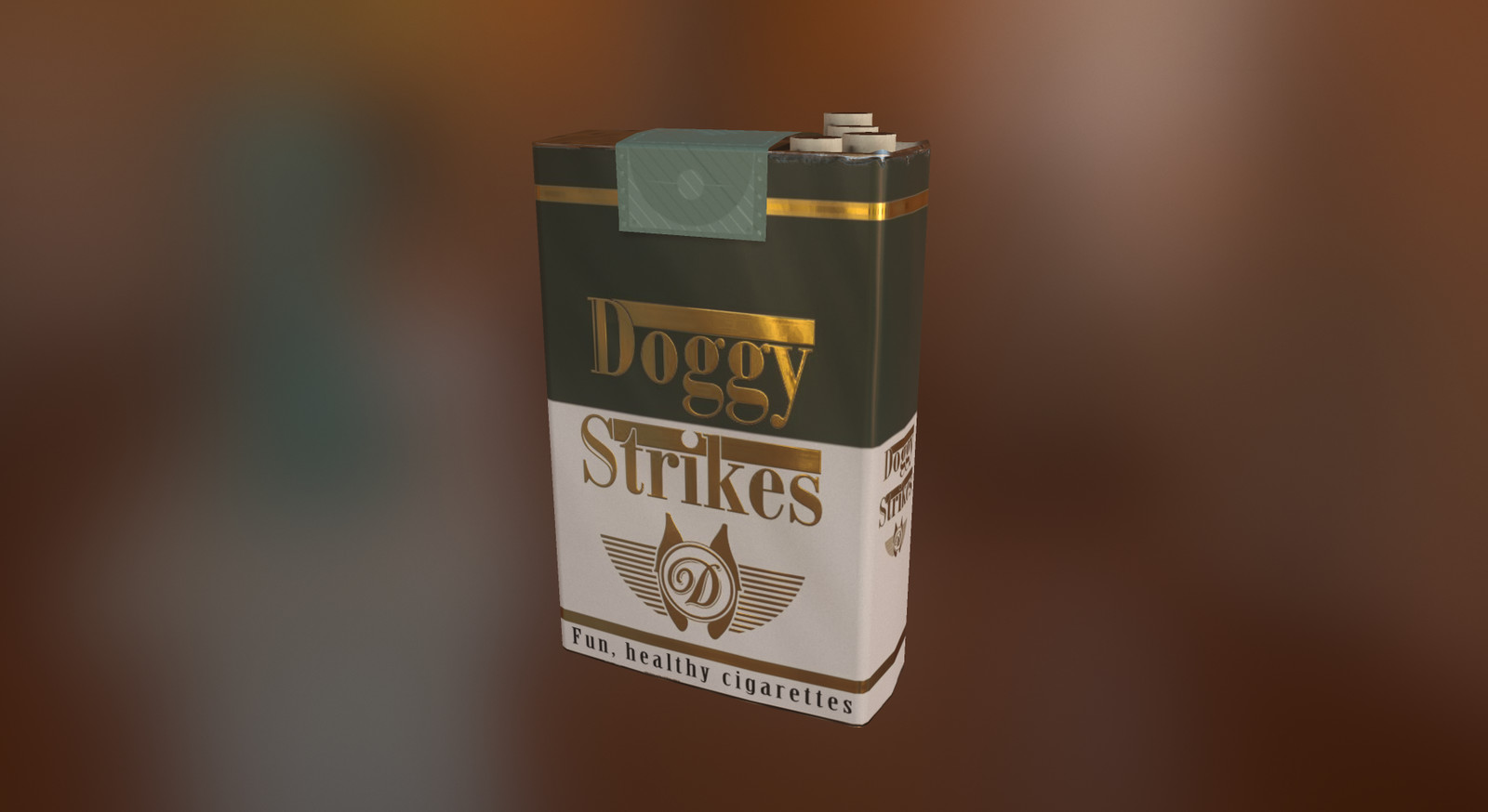 Final version of the 'Doggy Strikes' cigarette pack rendered in Marmoset