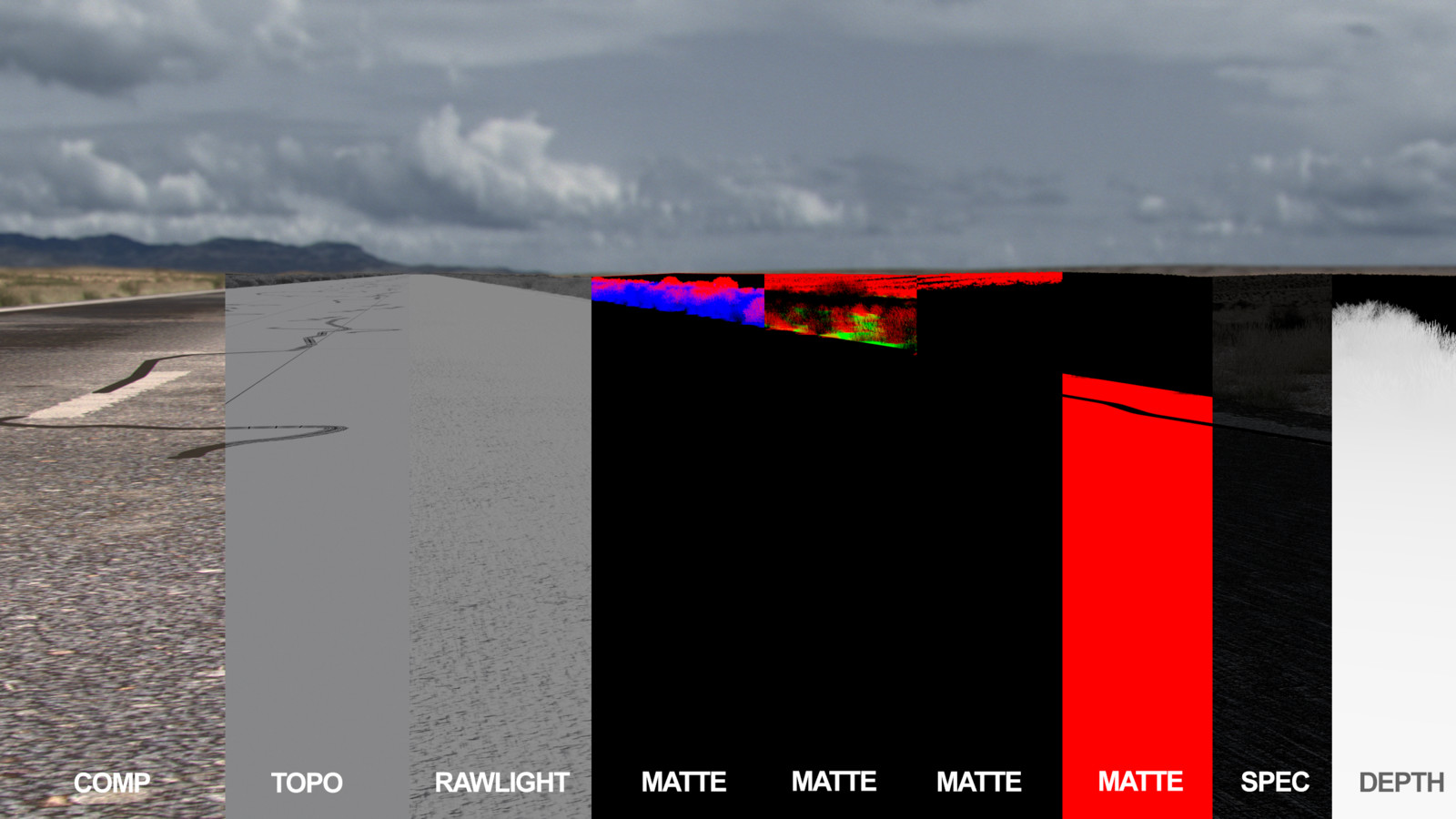 Some of the render elements controlling the backplate comp.