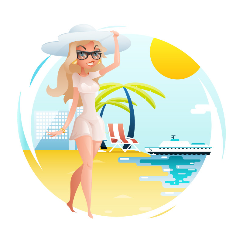 ArtStation Cute Girl on Sunny Beach Cartoon Character Vector Illustration