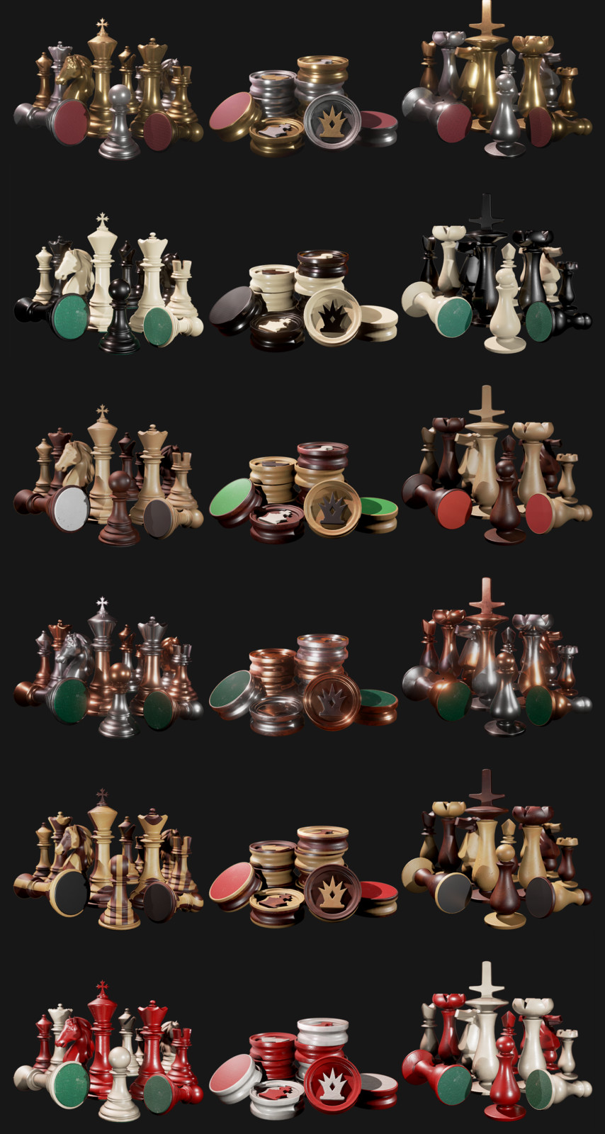 Remastered Original Chess Sets
"Staunton" - "Checkers" - "Williams"

High-poly re-work - Texturing - Shader Creation - Optimization
