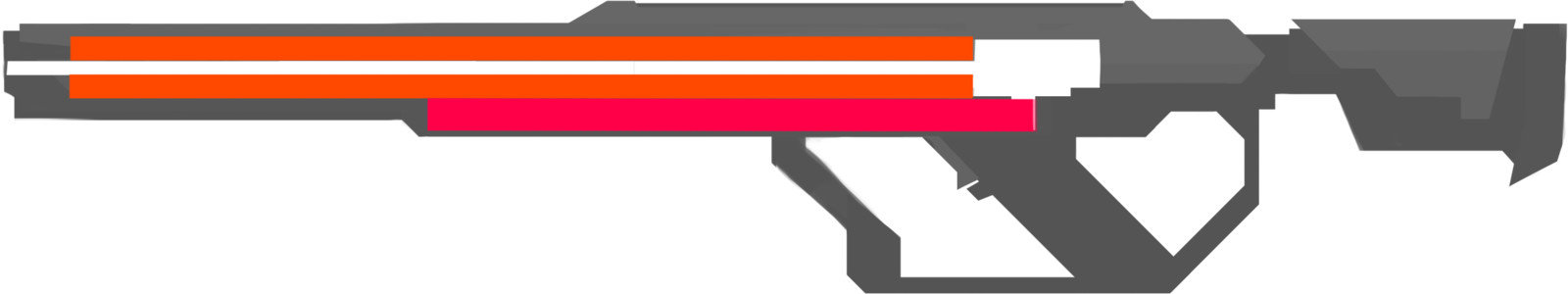A lot of the criticism I often got when designing these weapons were ergonomics, so I took more care in implementing them. The orange denotes the railgun barrel, and the red represents the location of the horizontal magazine.