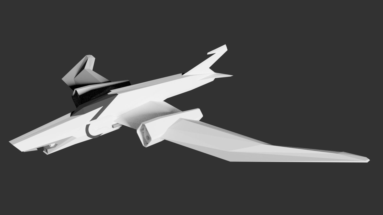 A reference model I made to better grasp the perspective and form of the fighter. Much of my weapon and vehicle concept designs tend to begin with a rough 3D model.