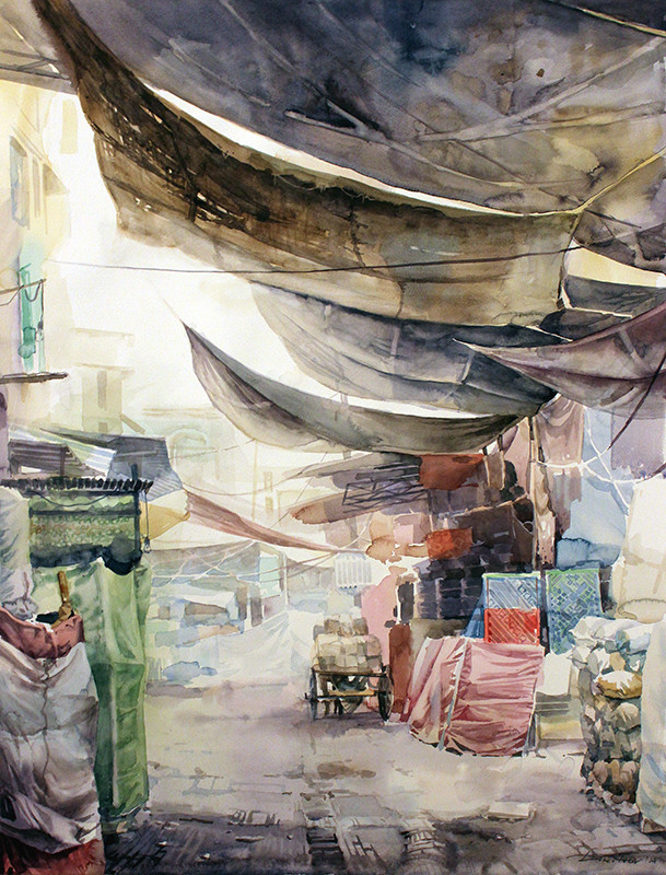 Early morning bazar  - watercolor (50x64cm)