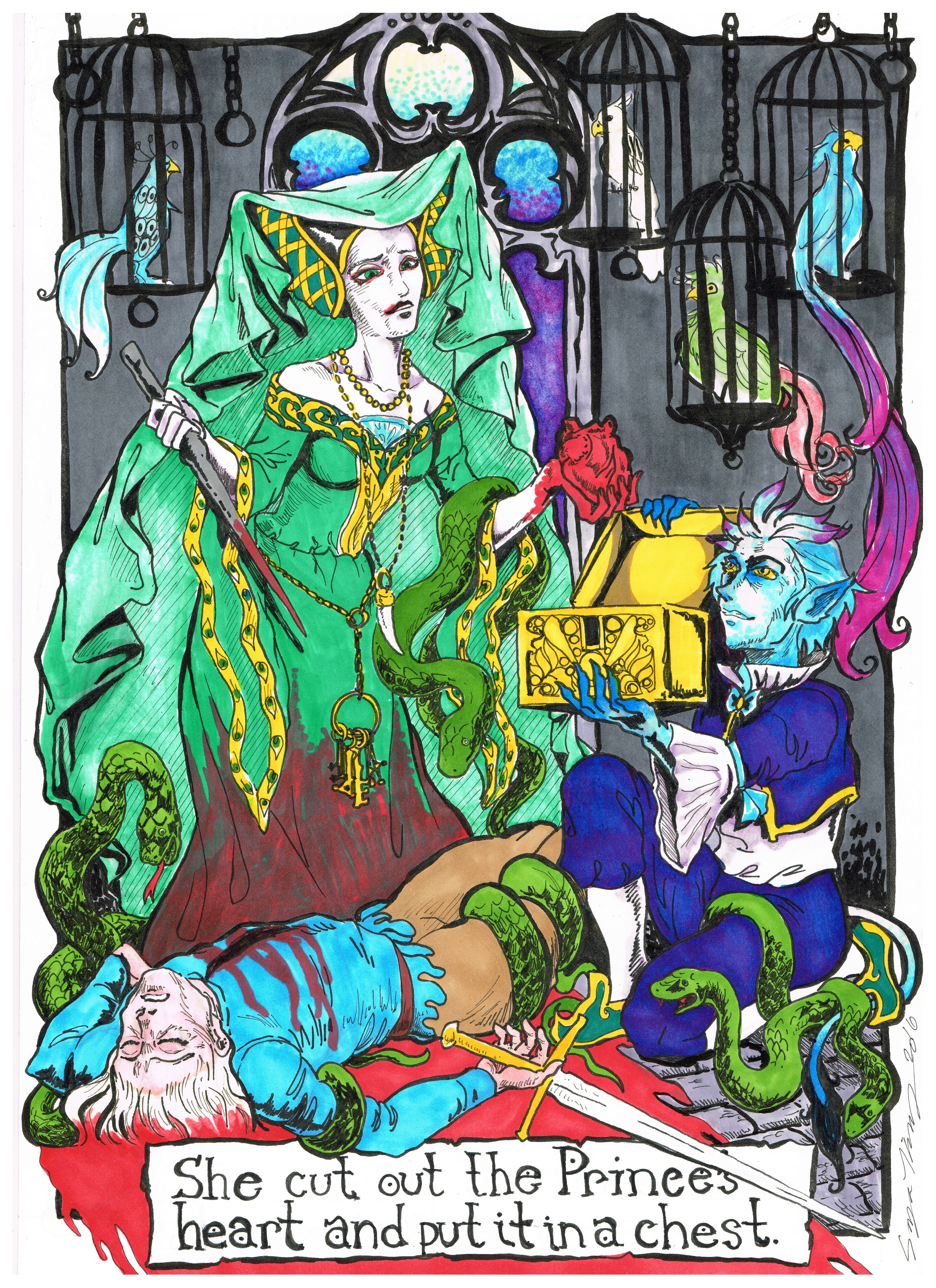 Based on old fairytale illustrations. Ink and Promarkers. The witch is based on the Green Lady from  C.S. Lewis's The Silver Chair.