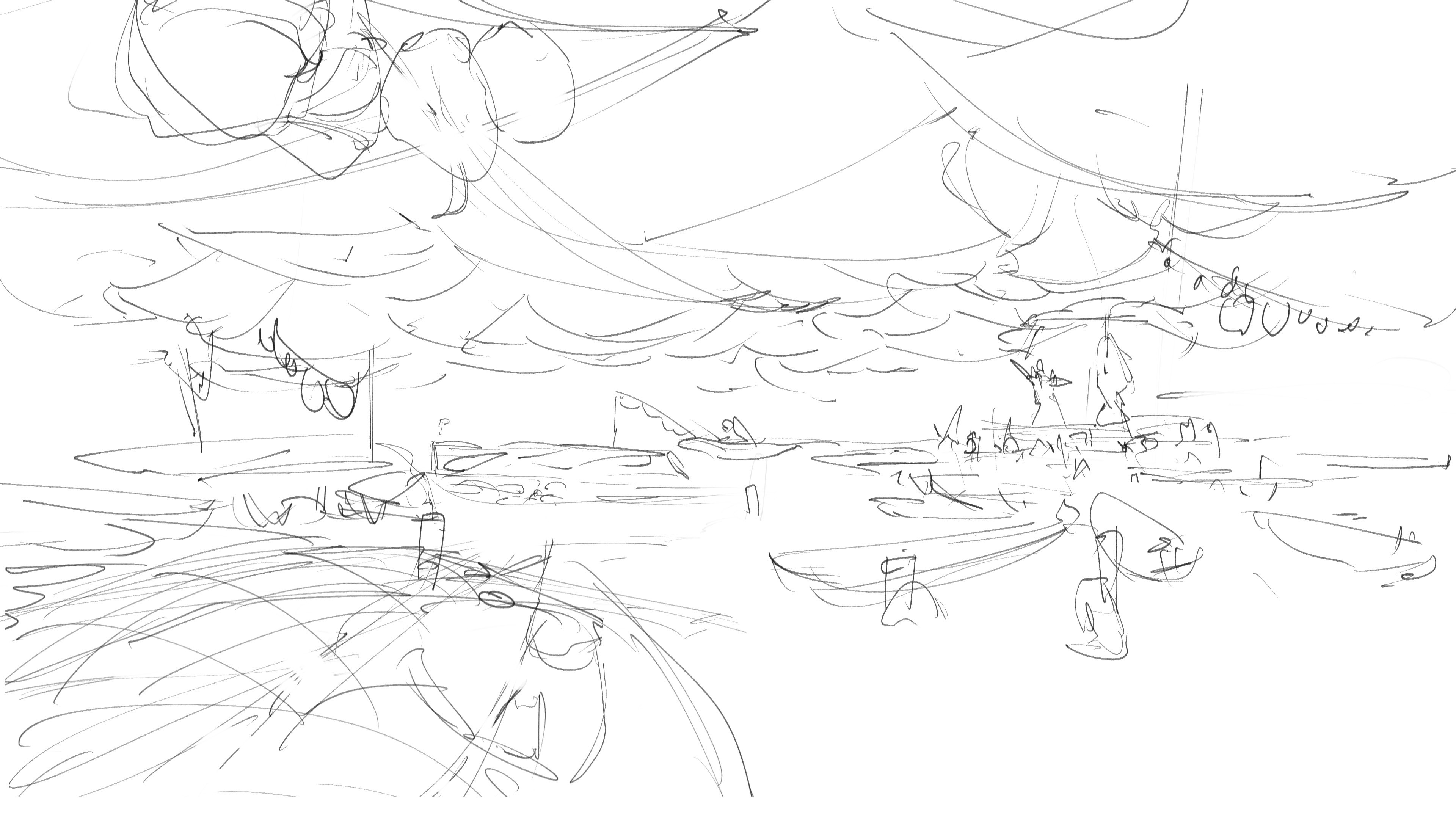 Sketch of the fish market. I had a clear idea from the start. Inspired by asian floating markets.