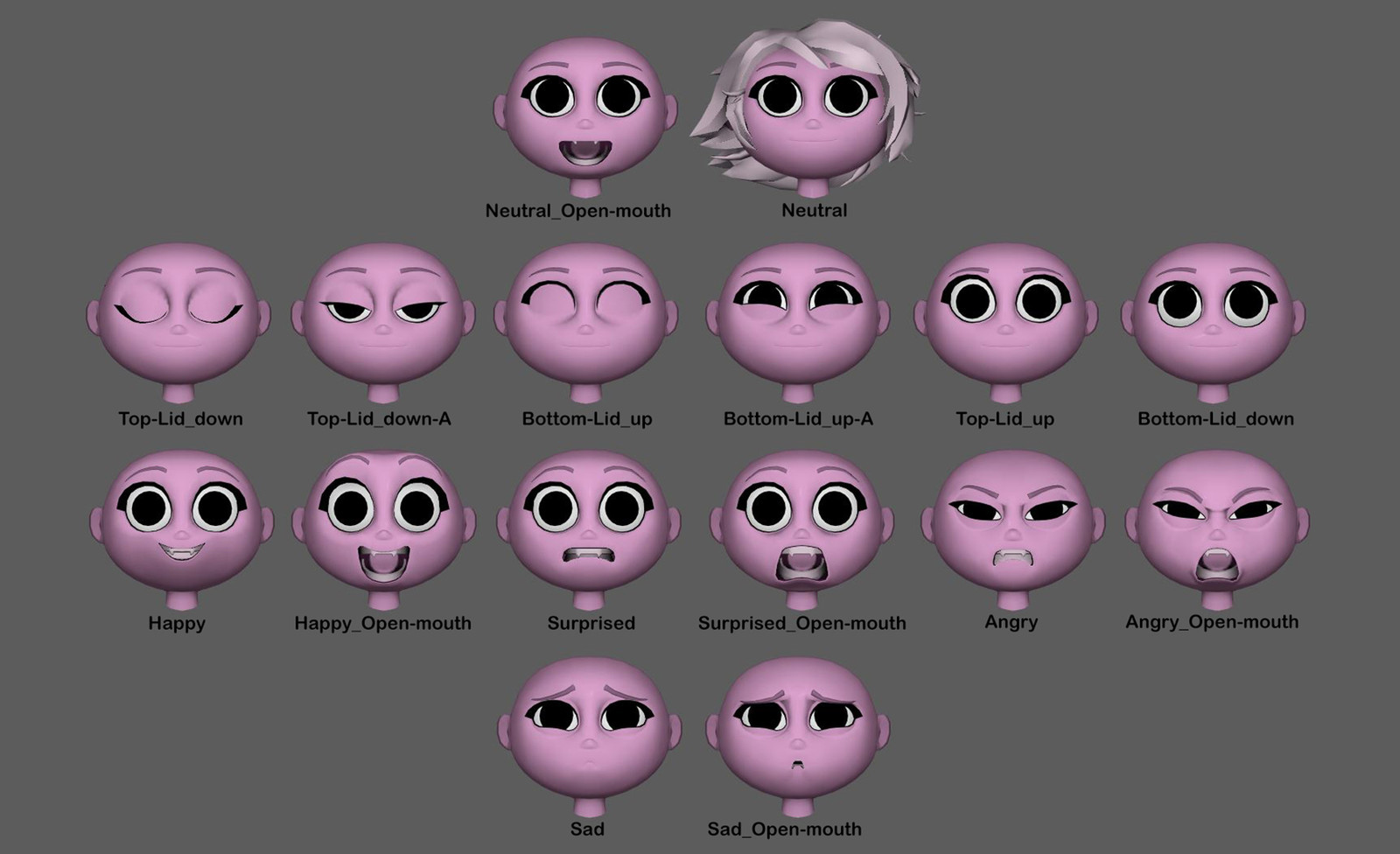 These are the face-shapes I made for the VR Company Mindshow, Inc in 2016.  The heads were already modeled and textured, but I did change some of the topology on a few to have (what I consider) proper topology flow.