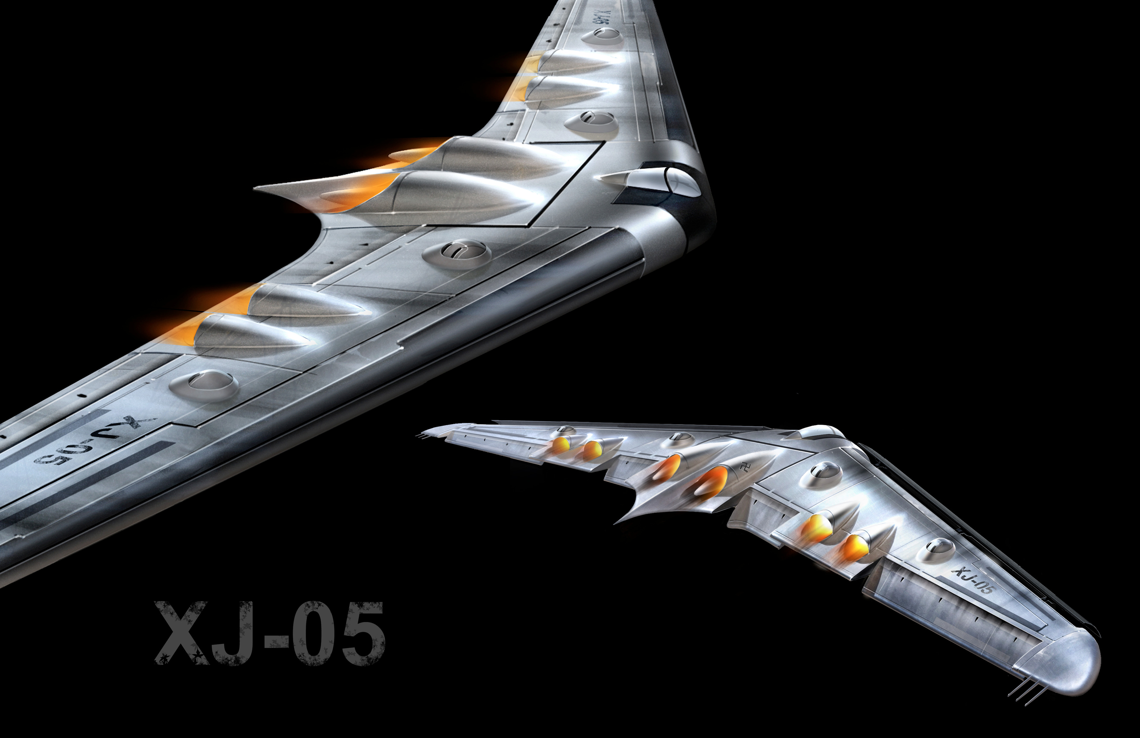 The Experimental Jet version 5 is a traditional looking flying wing with jet engine technology.  I added a number of manned gunner balls for the purpose of having to fight it as a boss encounter.