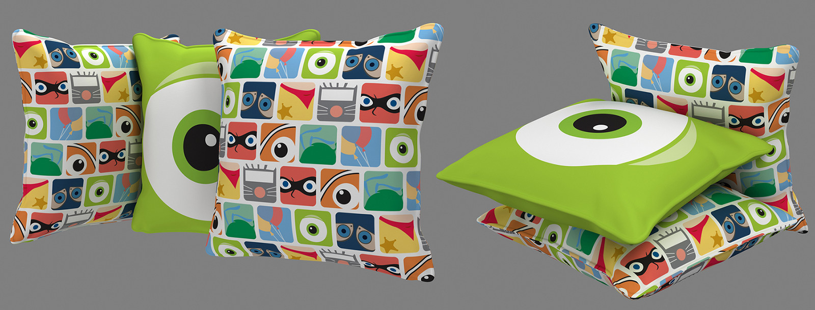 I was sent the Pixar images to do renderings of the images applied to pillows for a book.  