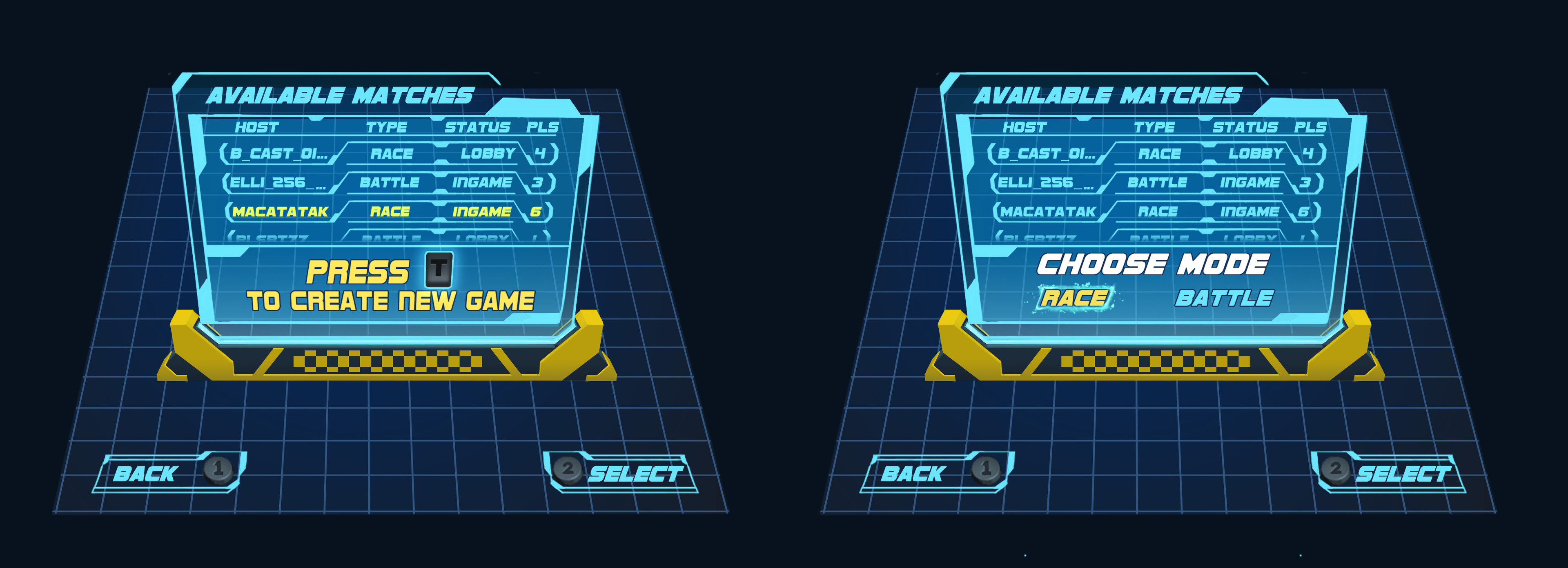 LAN multiplayer game select/create screen. It was a real challenge do do all this on one screen and we never got to really how well this implementation worked.