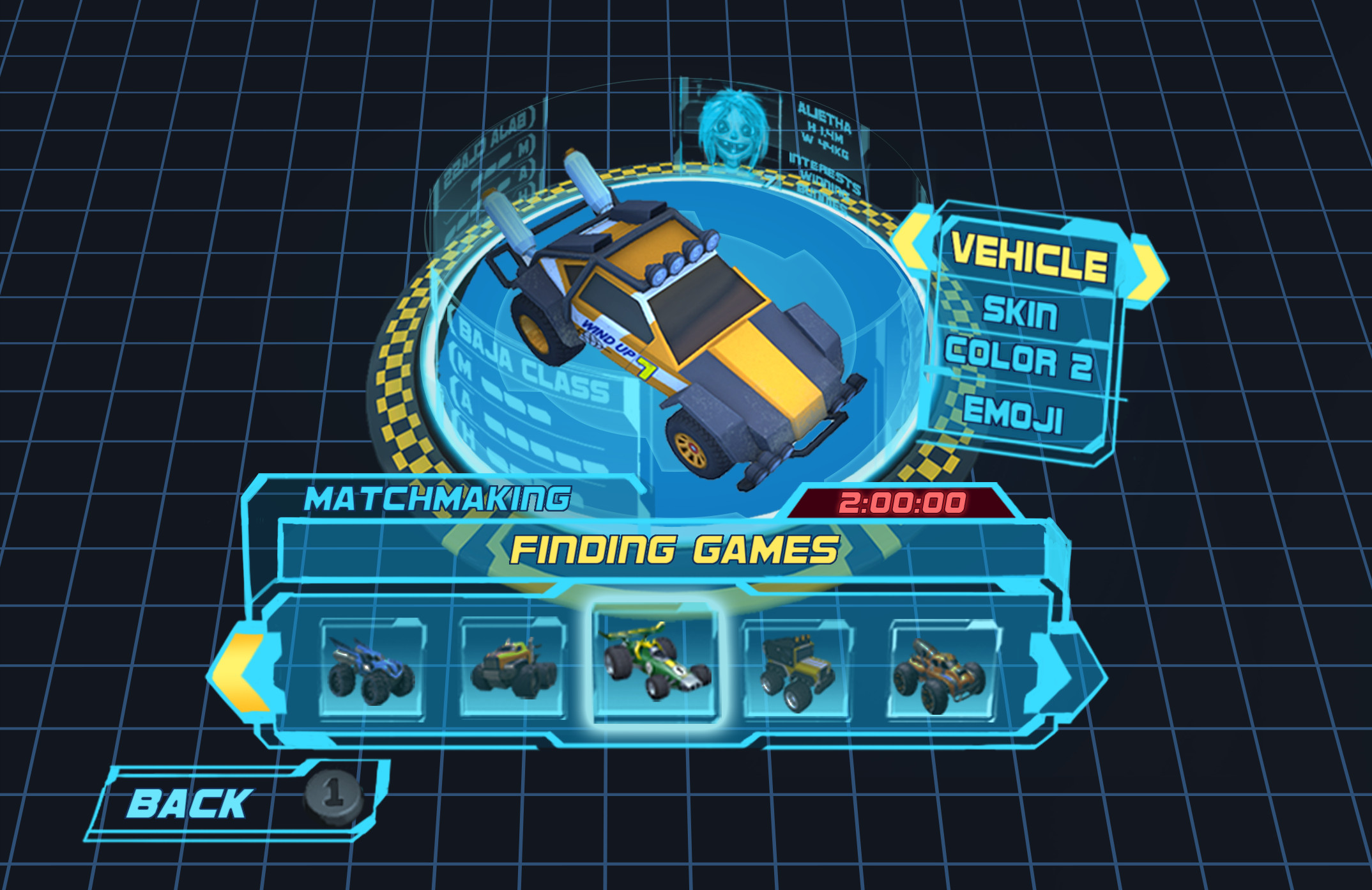 Multiplayer Vehicle Select/Customization with Matchmaking feature. We wanted to give the players something to do while waiting for matchmaking to happen.