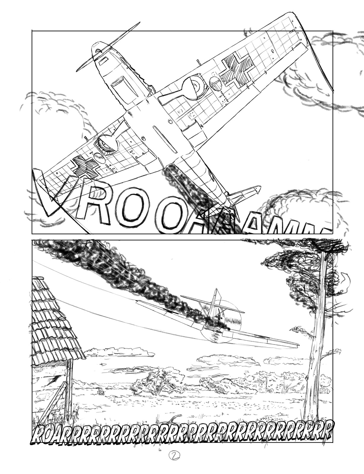 Pencils for page two of a twelve page sequence. I'd love to work with a real letterer. The vrooaam sound fx still sucks