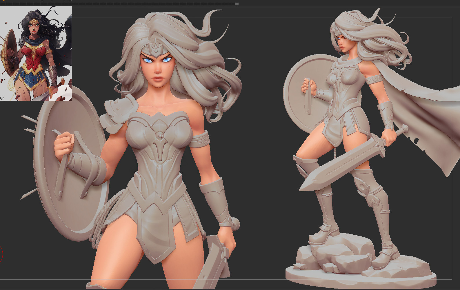 WIP #6. There were about 3 weeks between step #5 and #6. Really wanted to get the pose looking as natural and convincing as possible (still not there at this point). The shield was also completely remade after this.