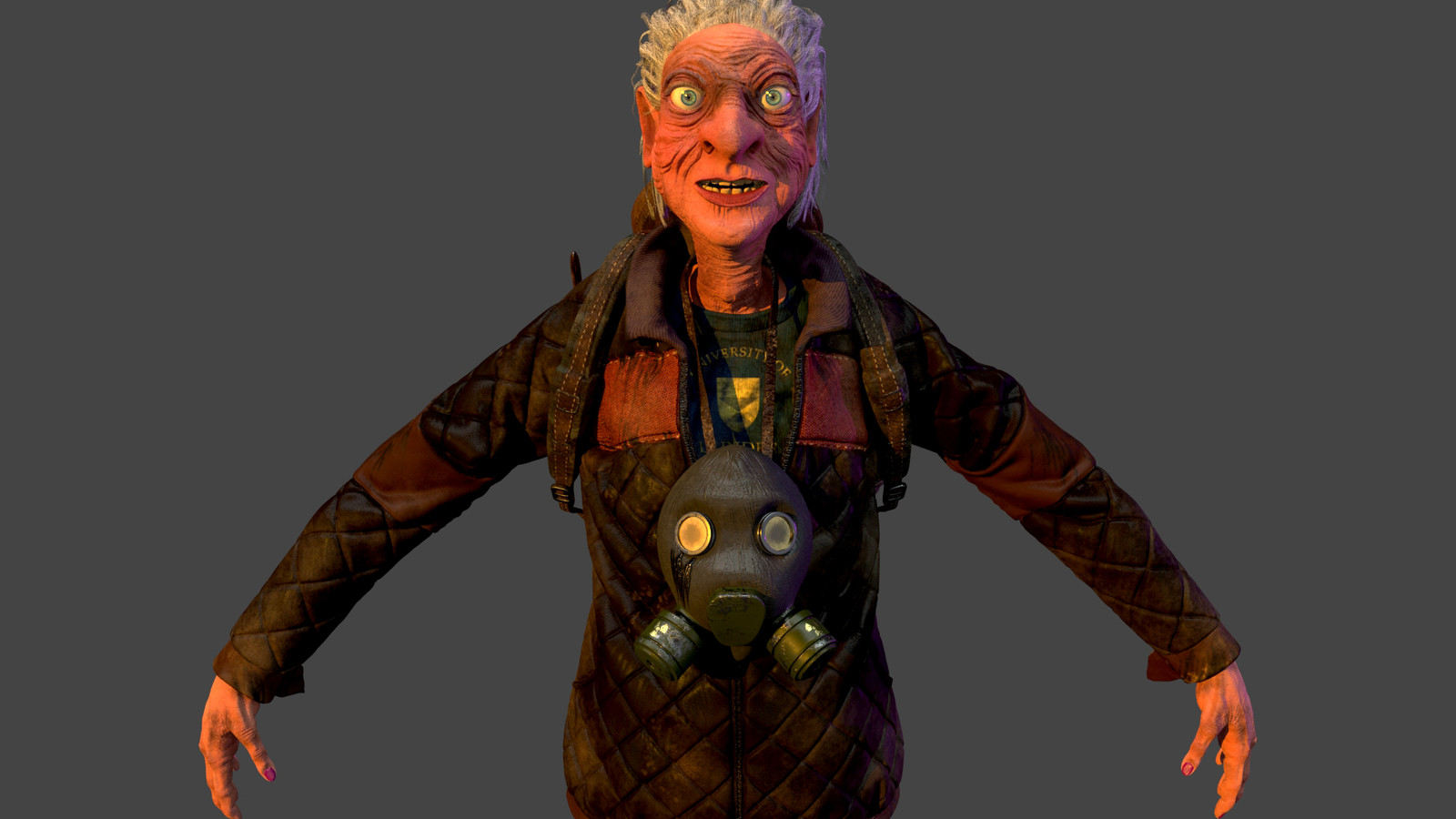 The lady has 47 4k resolution texture maps, I used displacement maps for her skin and leather materials.