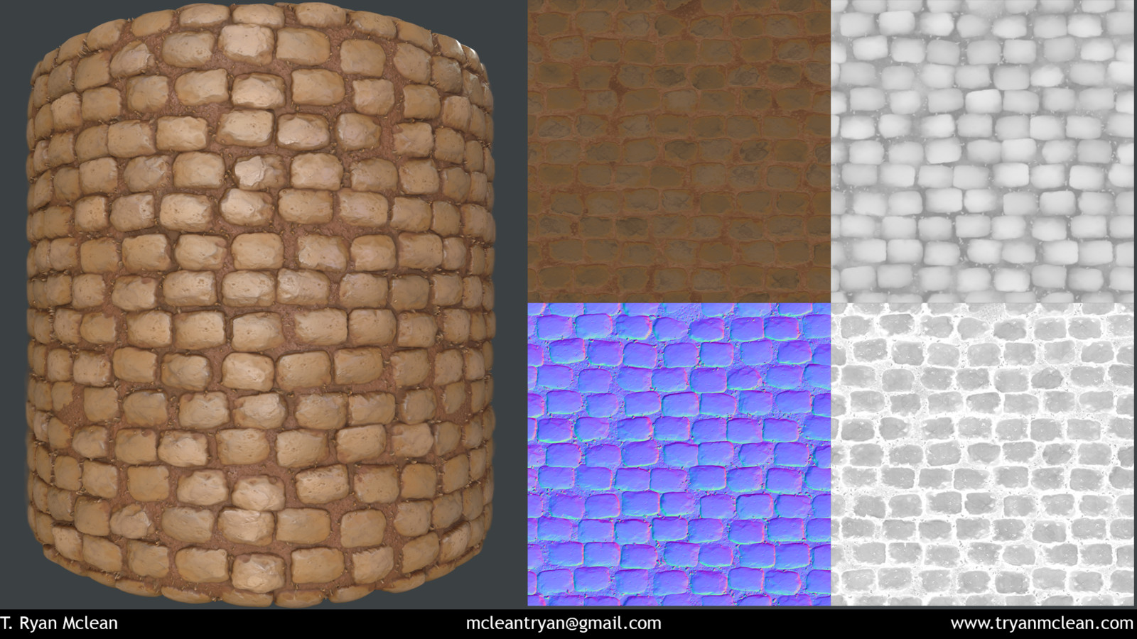 Cobblestone Material created in Substance Designer and rendered in Marmoset Toolbag. Texture flats, albedo, height, normal and roughness. 
