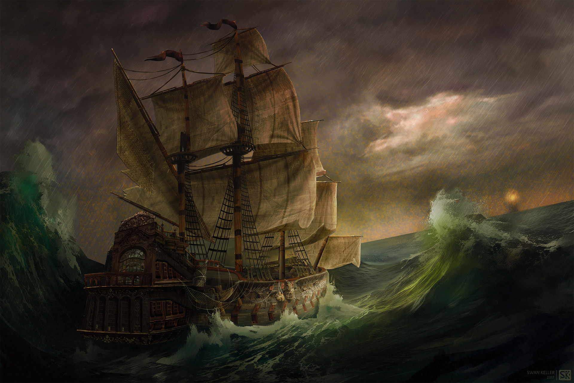 Swan Keller Sailing Ship Under A Sea Storm