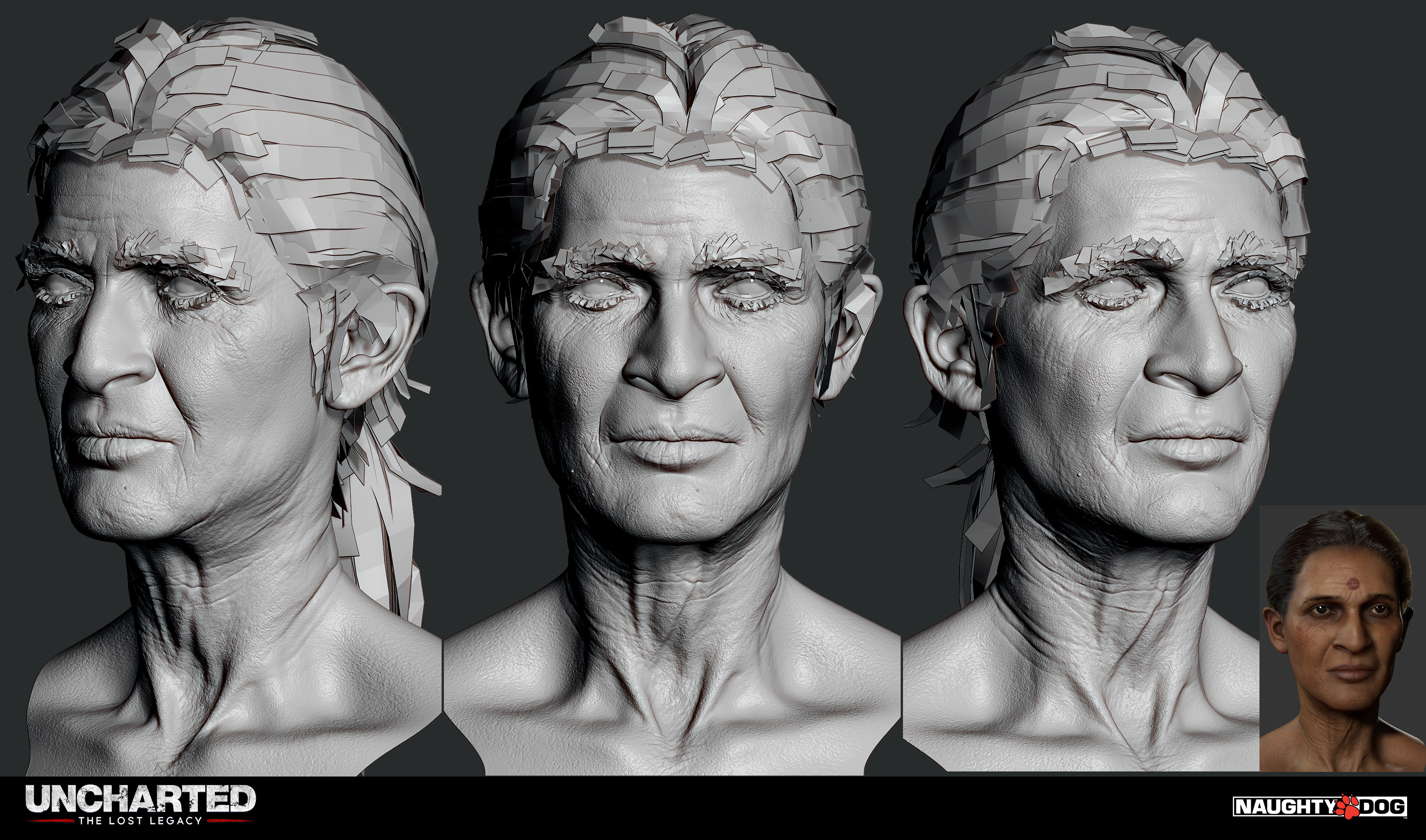 NPC head: head from scratch. Hair started from an existent archive and reworked for this character.