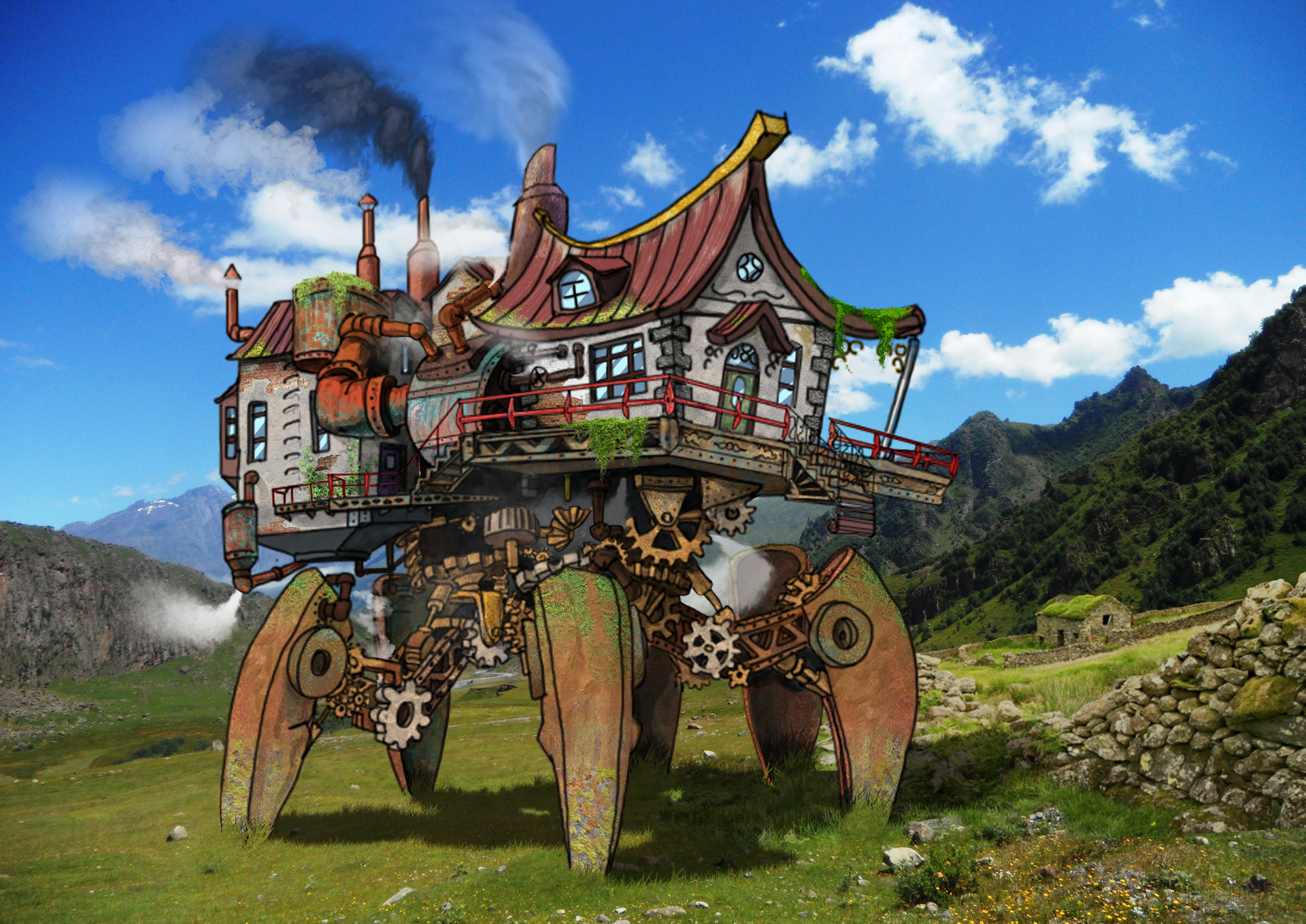 This is a steampunk stile moving house with legs in mountains. 
