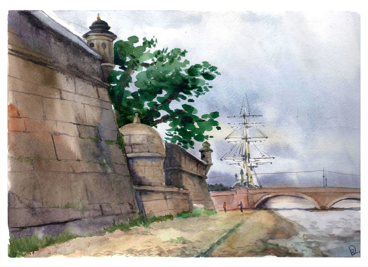Петропавловская крепость акварель