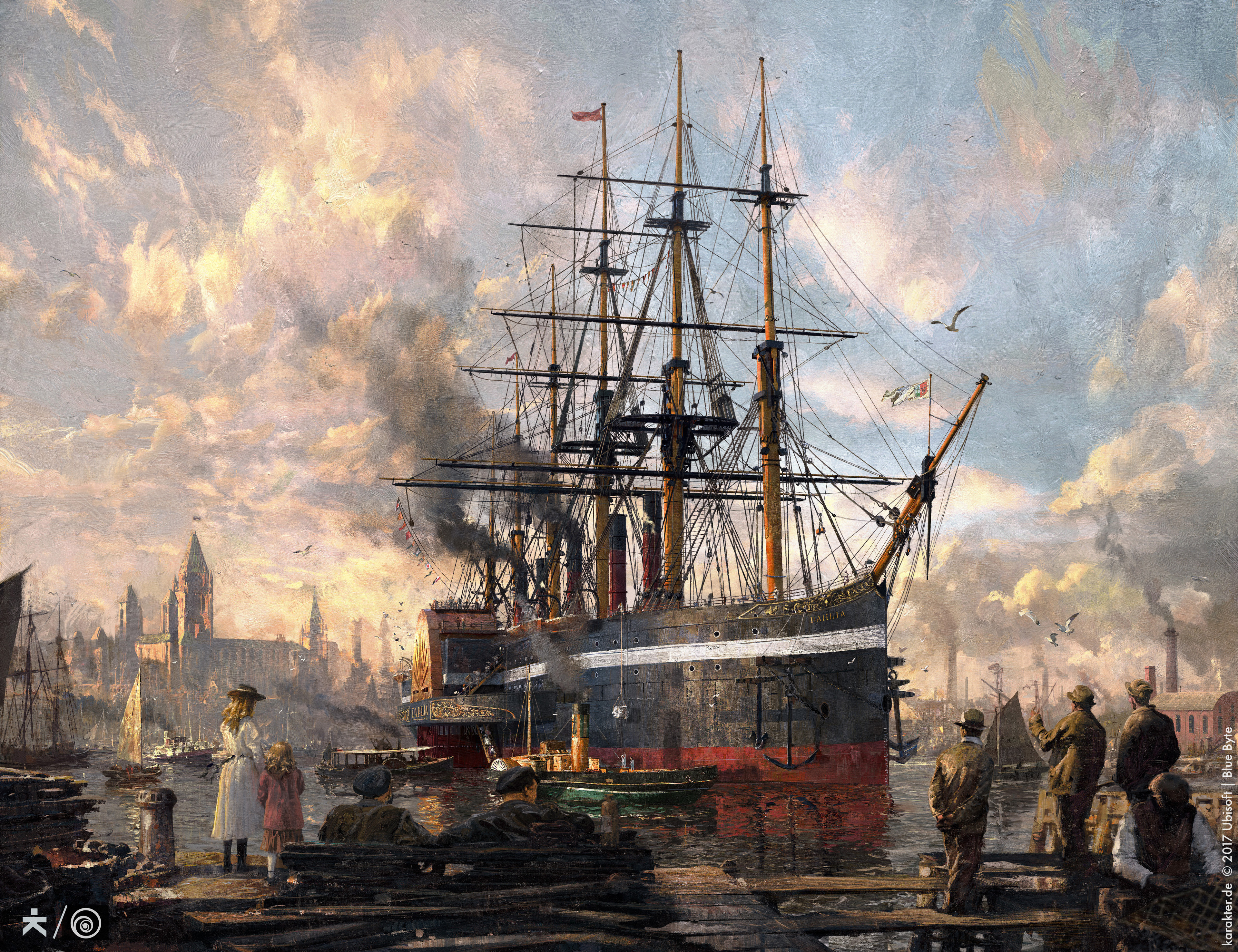 FINAL. Actually the client version has more sky on top to make room for the "Anno 1800" header. All 3D elements have been carefully painted over to get to the traditionell media look we were after.