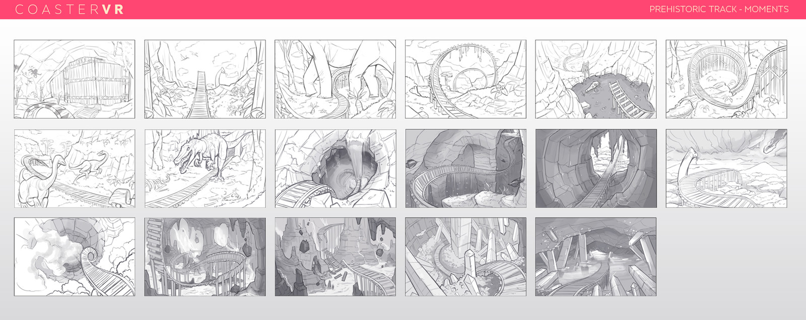 Sketches for various potential moments for the Bone Canyon ride.