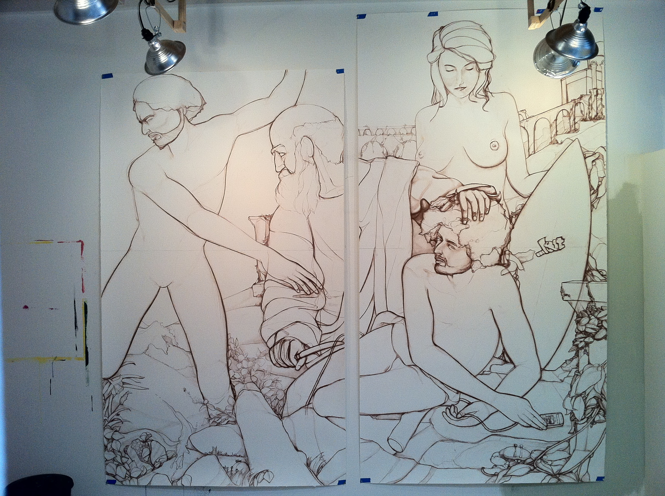 9 foot at it's tallest point mural scale charcoal drawing