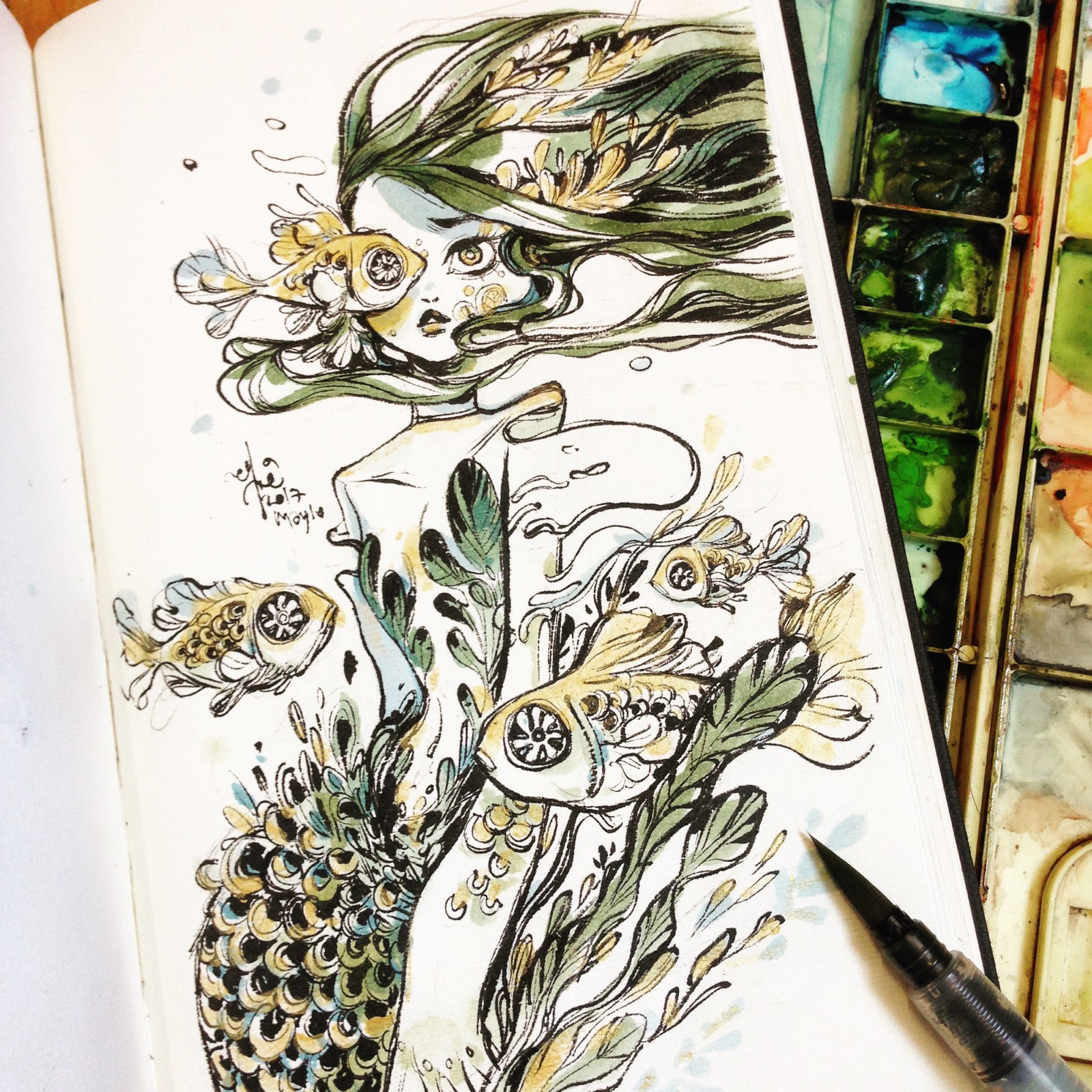 Early sketch done as a part of 2017's MerMay challenge. Ink and watercolours.