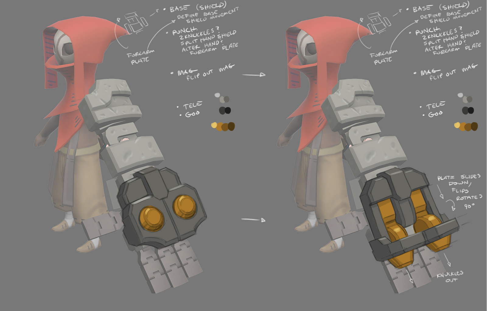 Early punch glove attachment ideation. (player character model by Jeff Mianowski)