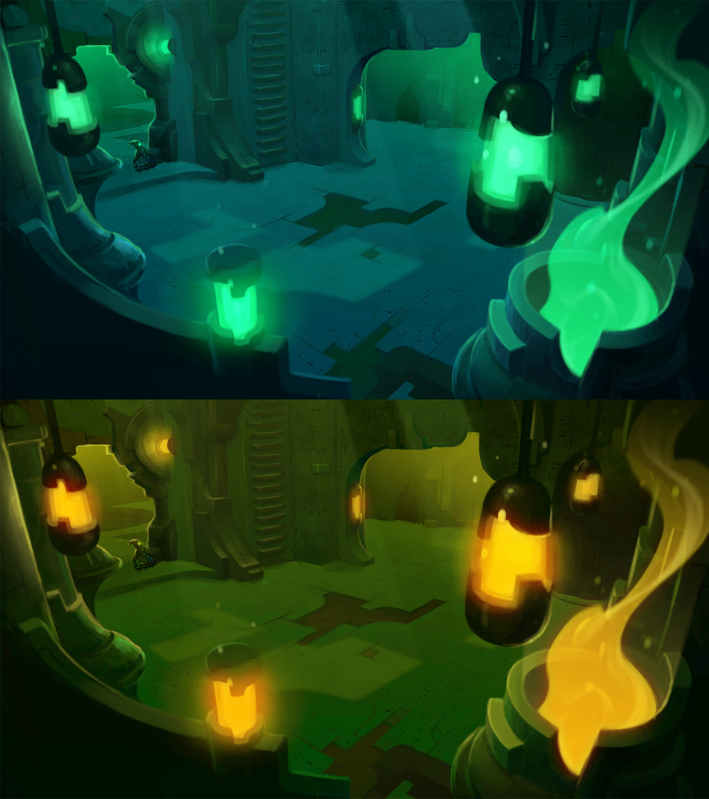 Dungeon lighting/framing pass, "on" state  (painted over geo from Runic environment team)