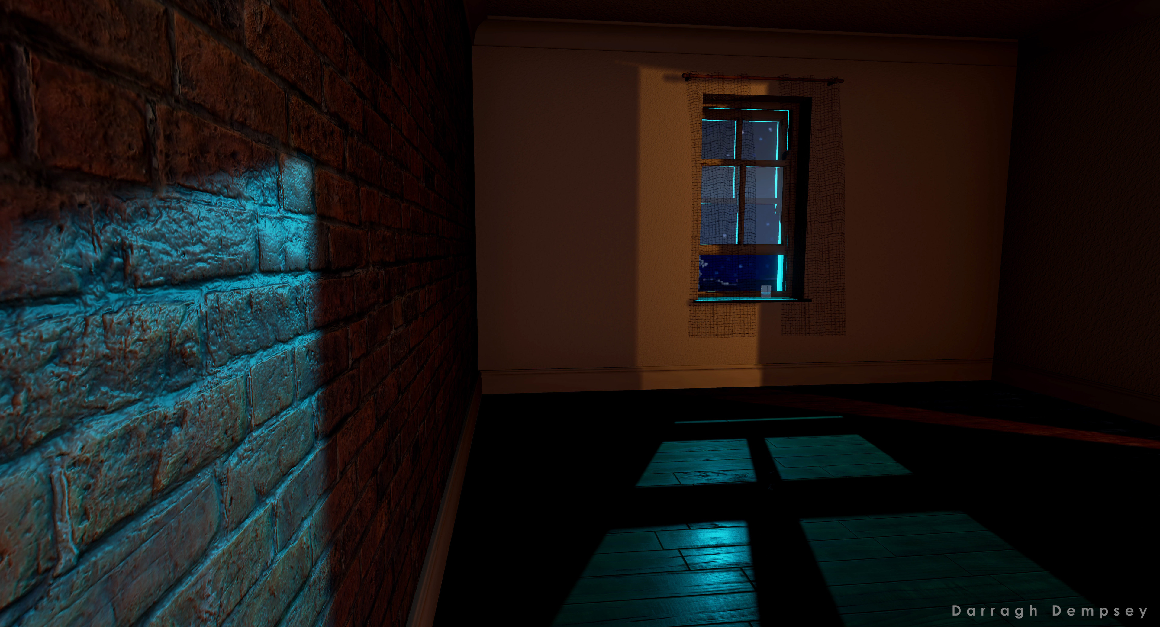 Unreal Engine screenshot. Moonlight through sash window. Light spill from door.