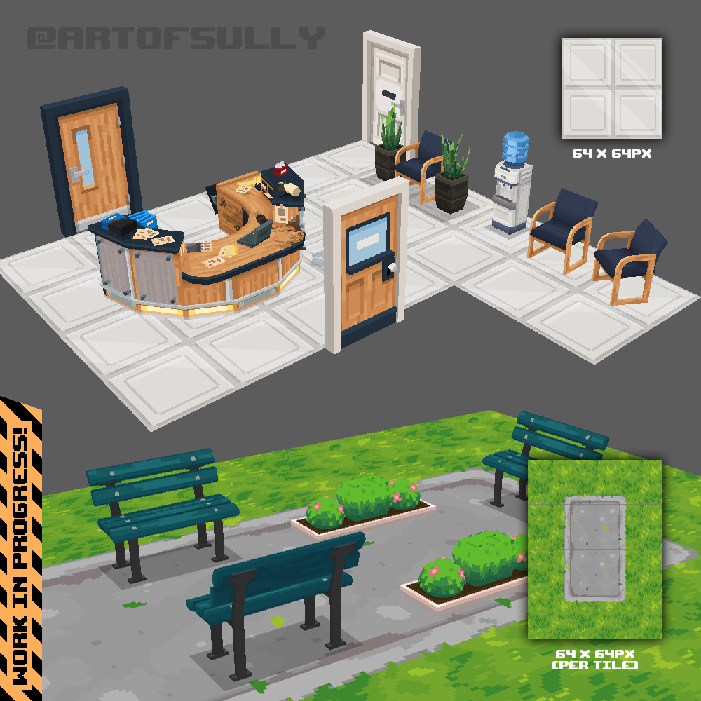 3D Pixel-Art Office / Park Scenes (WIP Test Scenes)